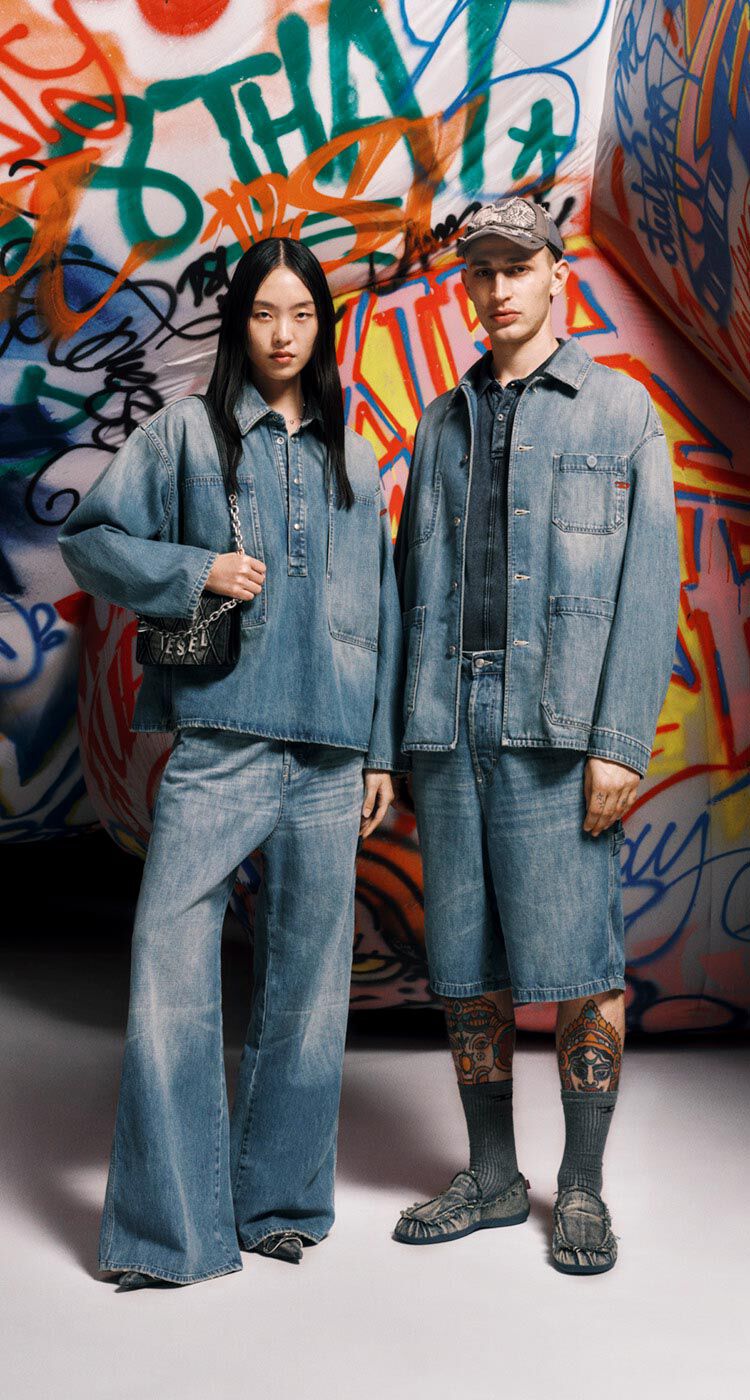 Two persons wearing Diesel denim from Fall Winter 2025 Collection