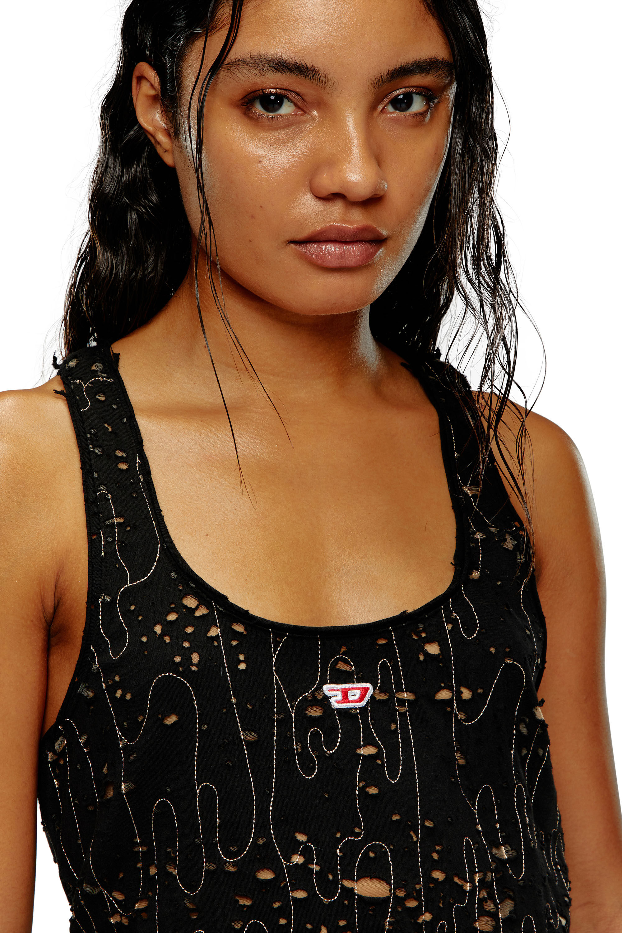 Diesel - T-BILS-DEV, Female's Tulle tank top with destroyed jersey in Black - 4