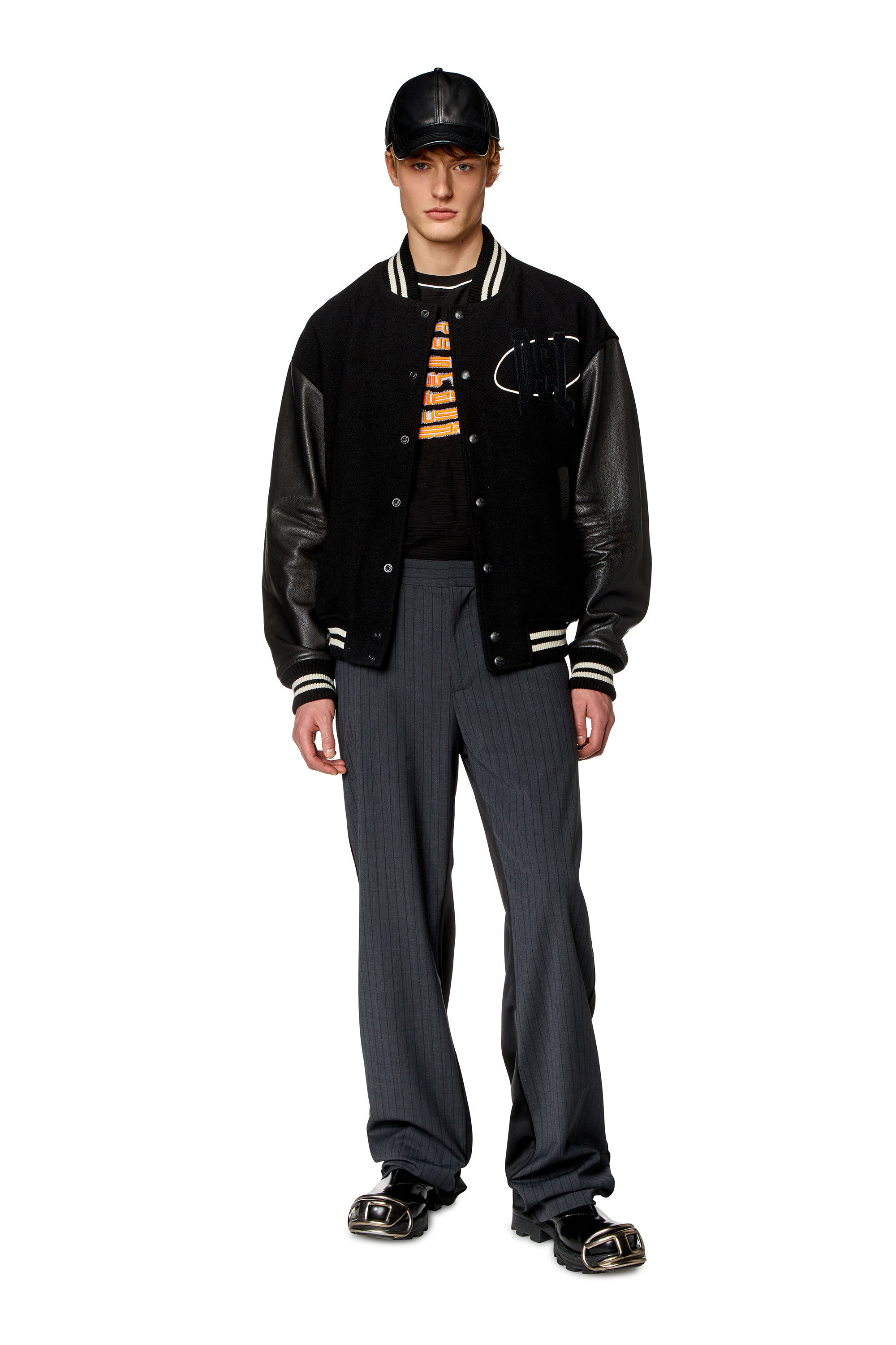 Diesel - L-FRANZ-PATCH, Male's Varsity bomber jacket in wool and leather in Black - 1