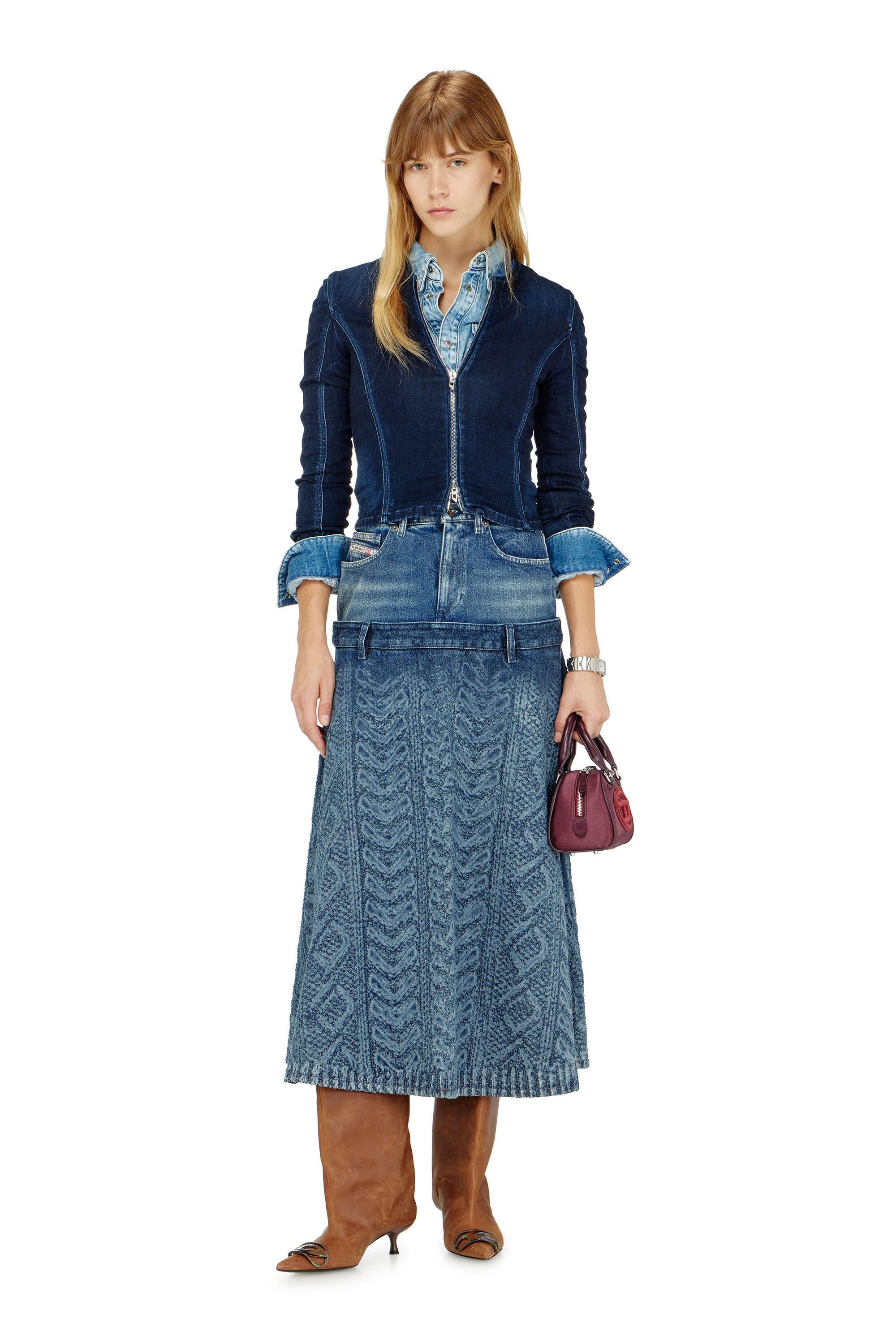 Diesel - DE-VORYA-S1, Female's Midi skirt in cable-knit-effect denim in Dark Blue - 1