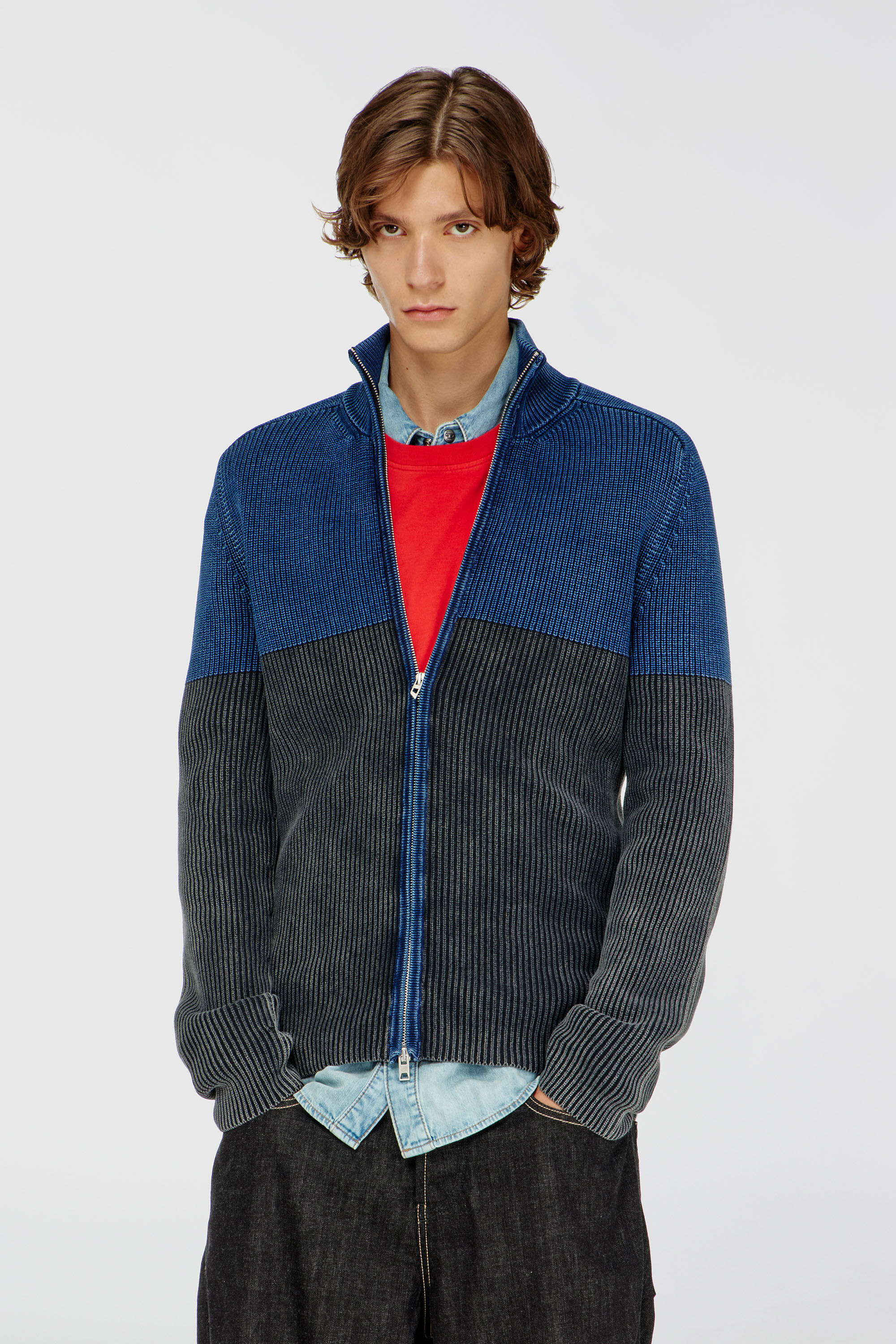 Men's Zip-up cardigan with two-tone denim effect | Multicolor