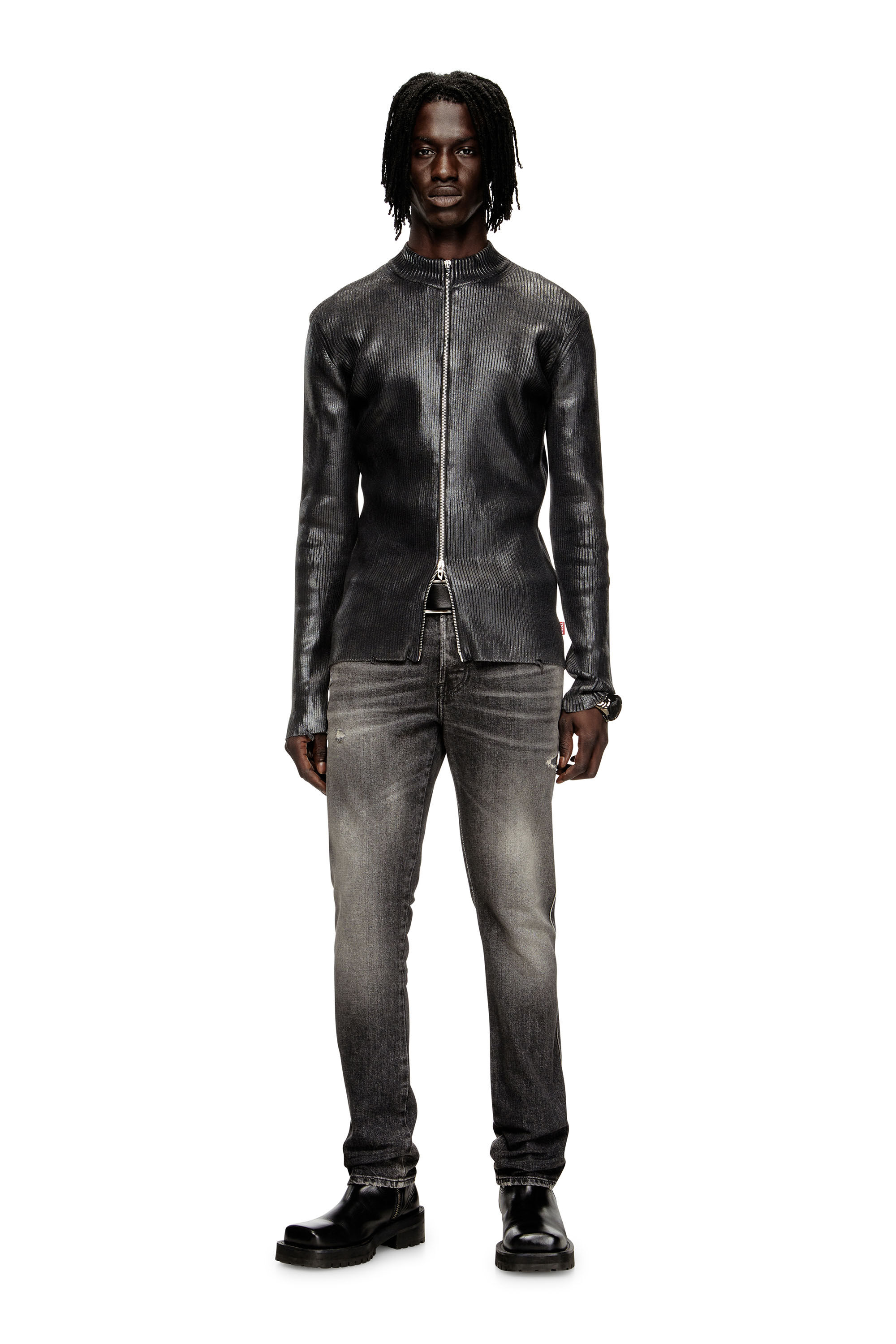 Men's Denim-yarn zip cardigan with shiny effect | Black | Diesel