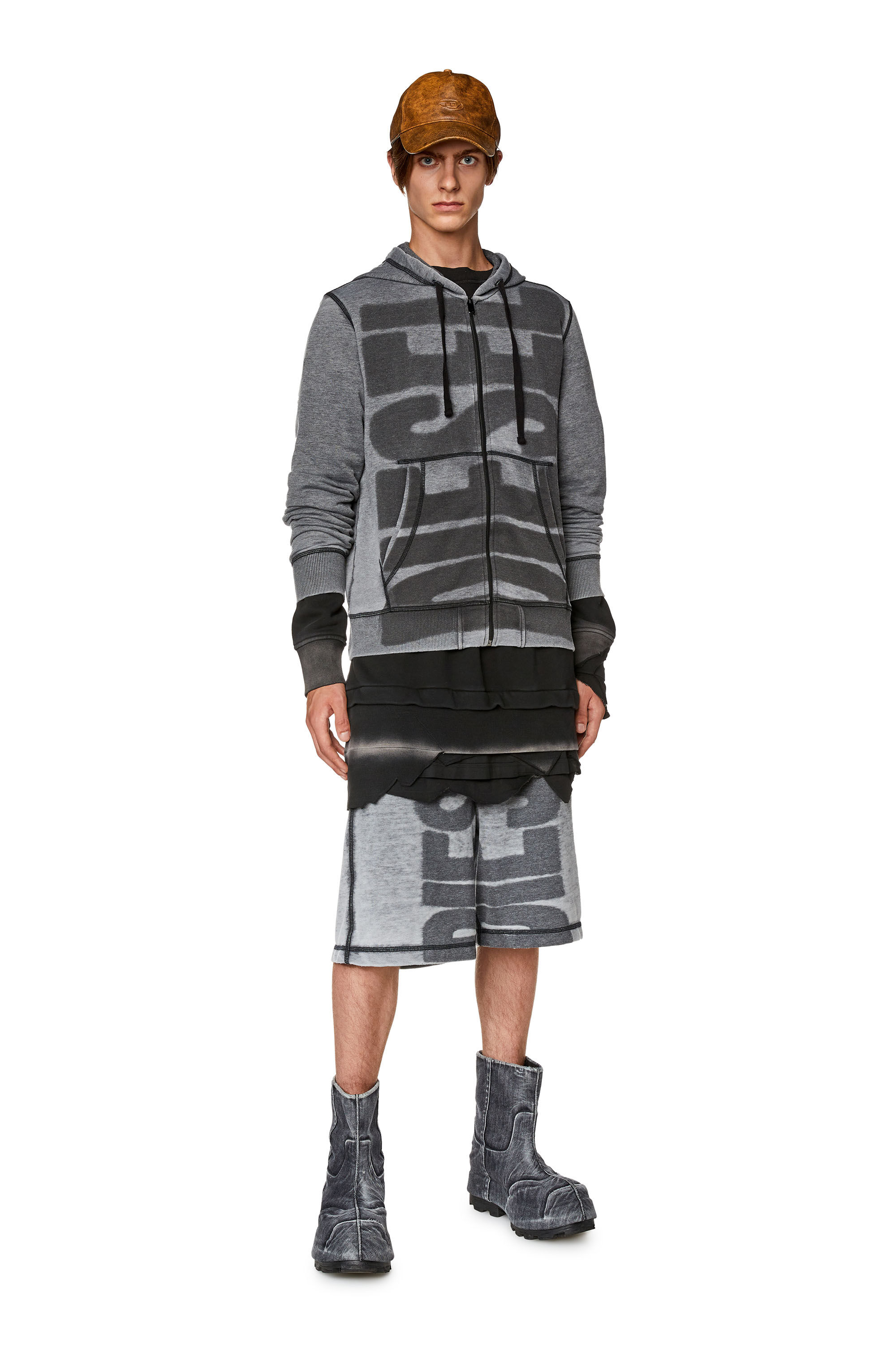 Diesel - S-GINN-HOOD-ZIP-L1, Sweat-shirt à capuche zippé dévoré avec logo Homme in Noir - 1