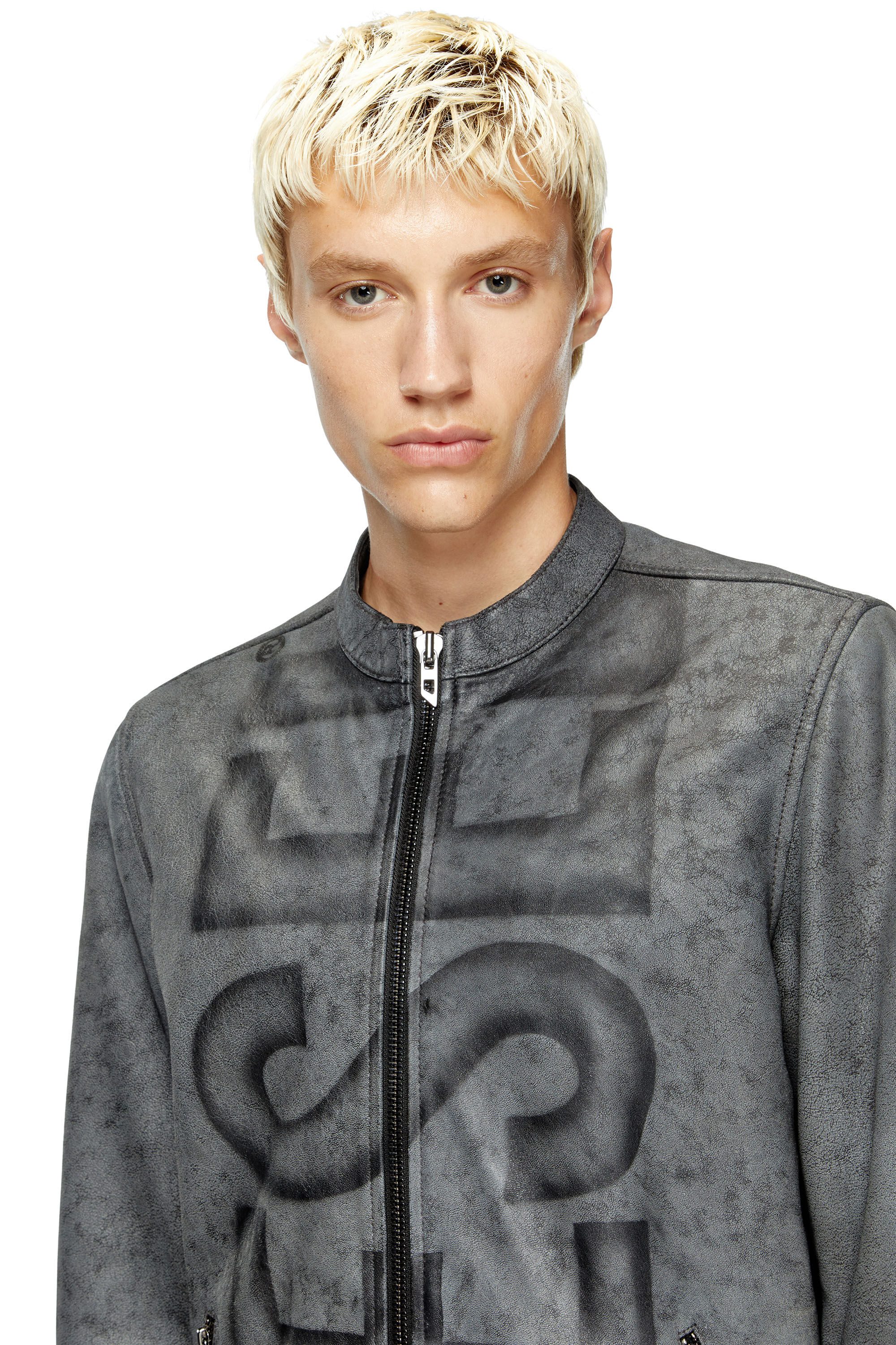 Diesel - L-EVERT-A, Male's Treated leather biker jacket with faded logo in Grey - 4