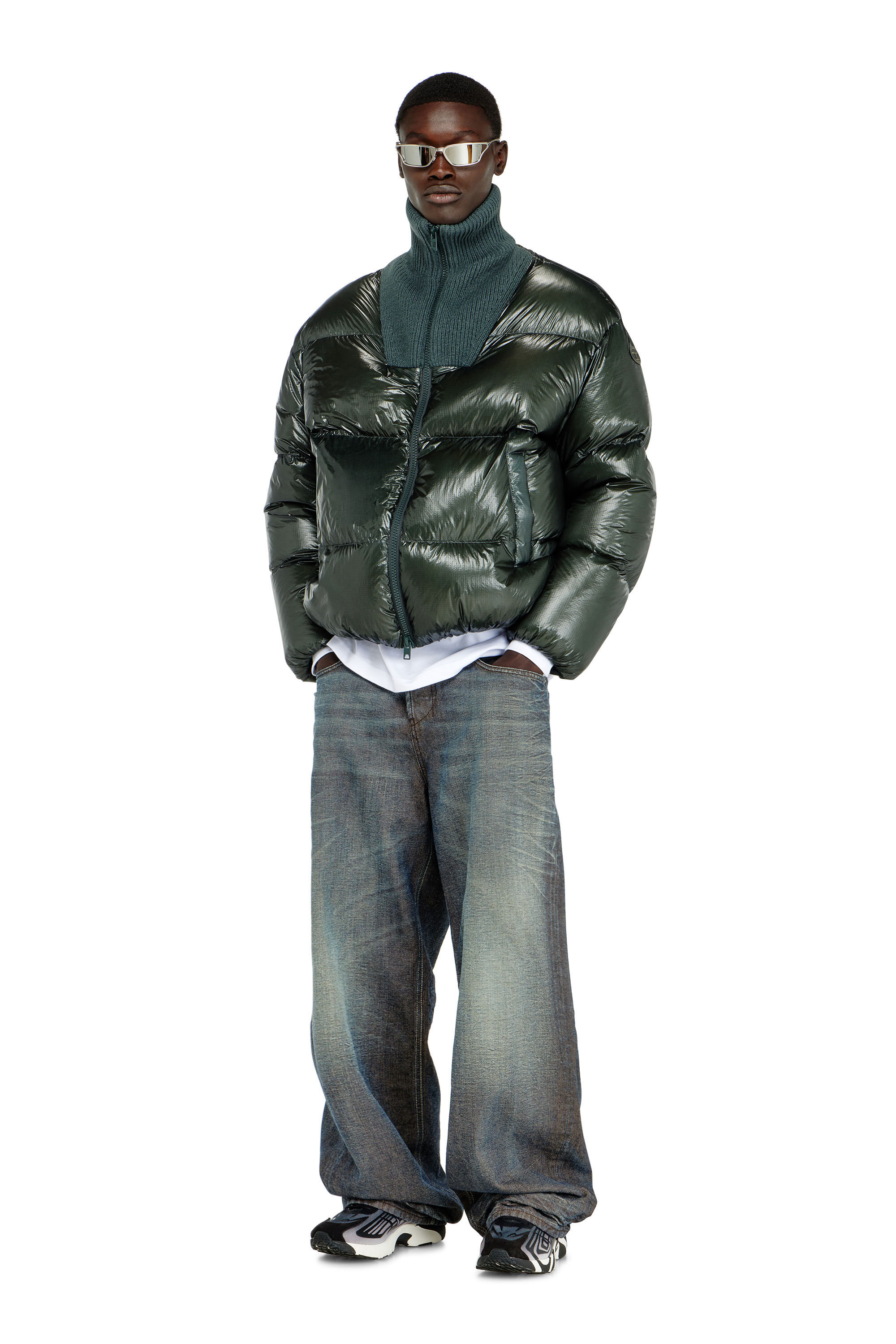 Diesel - W-RIBB, Male's Down puffer jacket in ripstop with ribbed collar in Dark Green - 1