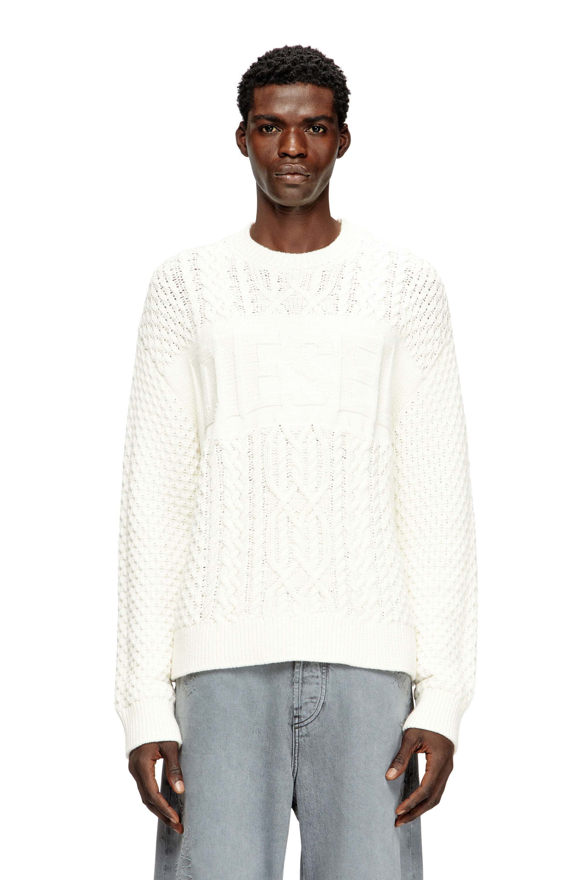 Men's Cable-knit jumper with Diesel logo | White | Diesel US