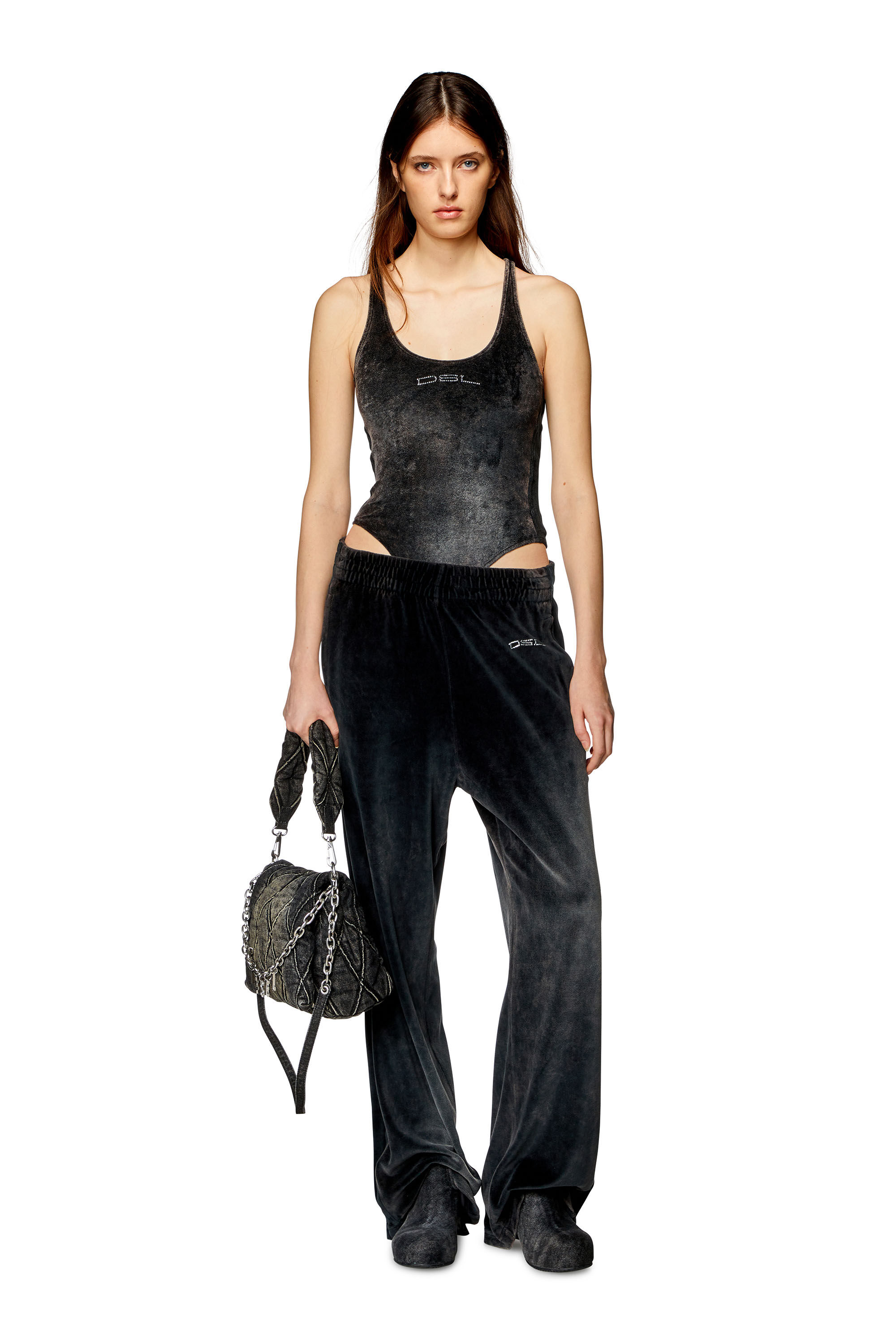 Diesel - T-VATELY, Woman's Chenille bodysuit with crystal logo in Black - 1