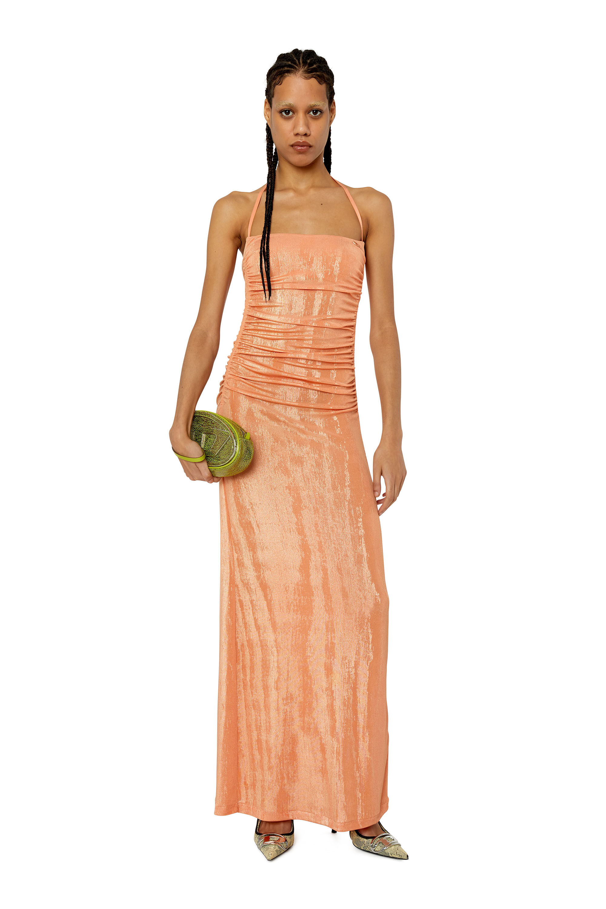 D-TRU Woman: Long ruched metallic halterneck dress | Diesel