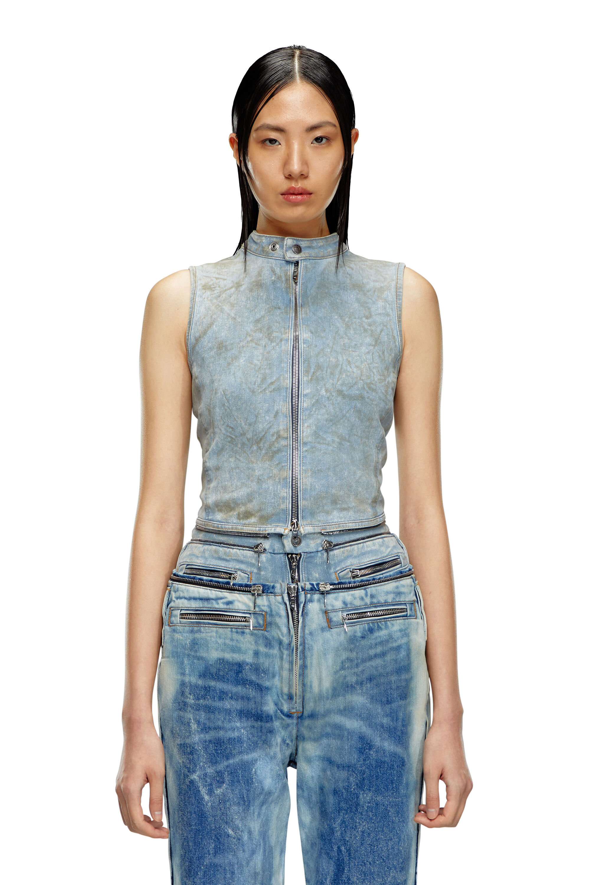 Diesel - DE-NATA-FSE, Top en denim seconde peau avec détails biker Femme in Bleu - 6