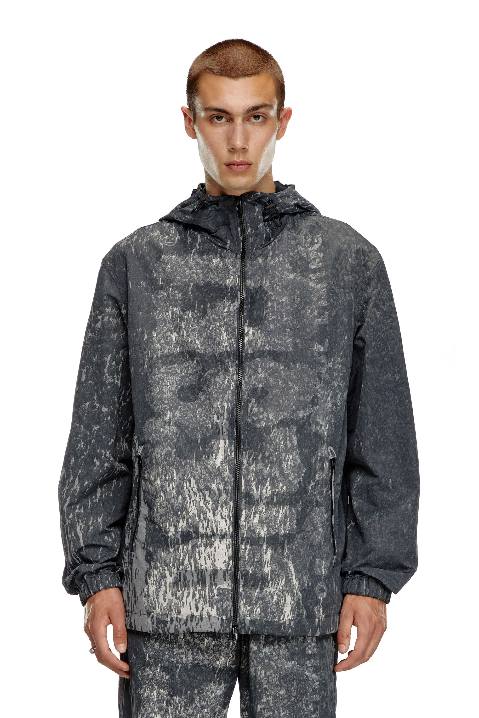 Diesel - J-BRICK, Male's Hooded windbreaker with Rain Camo print in Black - 6
