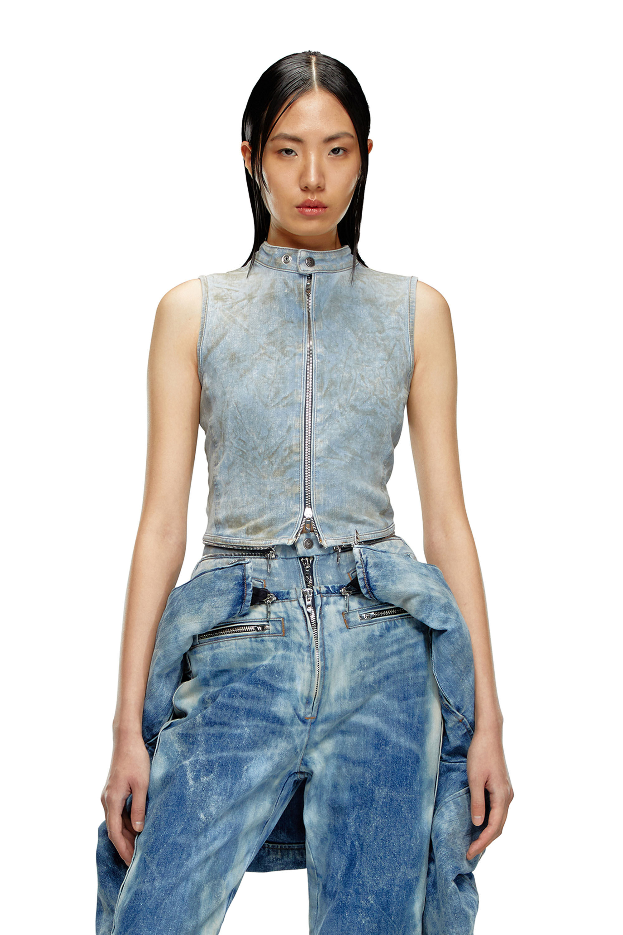 Diesel - DE-NATA-FSE, Top en denim seconde peau avec détails biker Femme in Bleu - 3