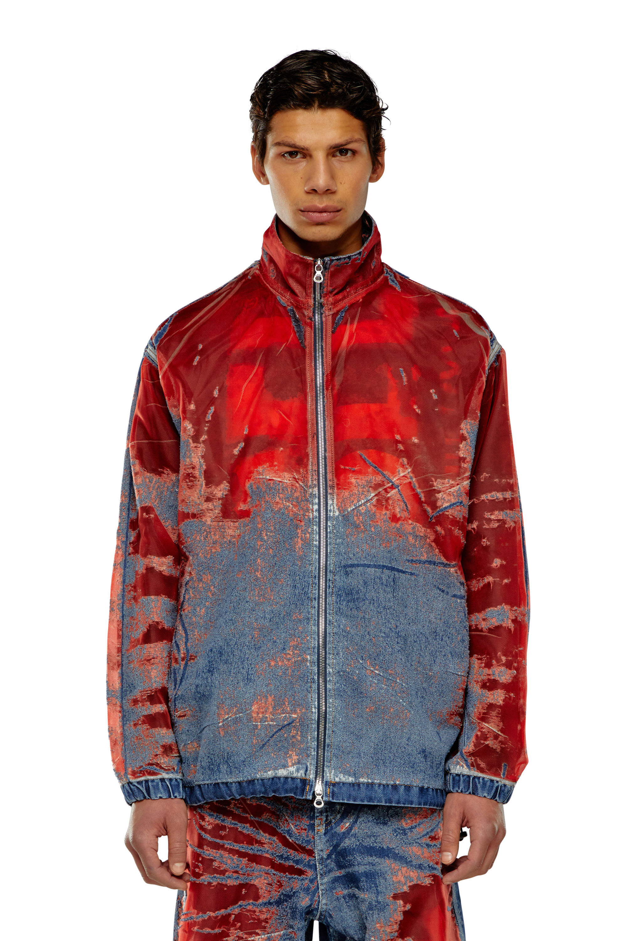 Diesel - D-KRAP-FSE, Male's Jacket in devoré denim with logo in Blue/Red - 6
