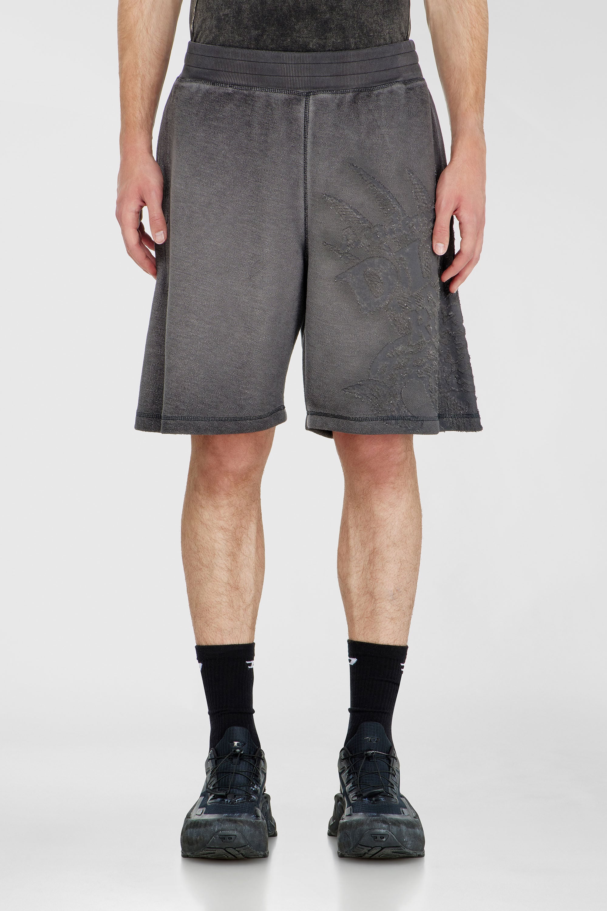Diesel - P-RAWCROW, Male's Sweatshorts with d&eacute;vor&eacute; motifs in Dark Grey - 3