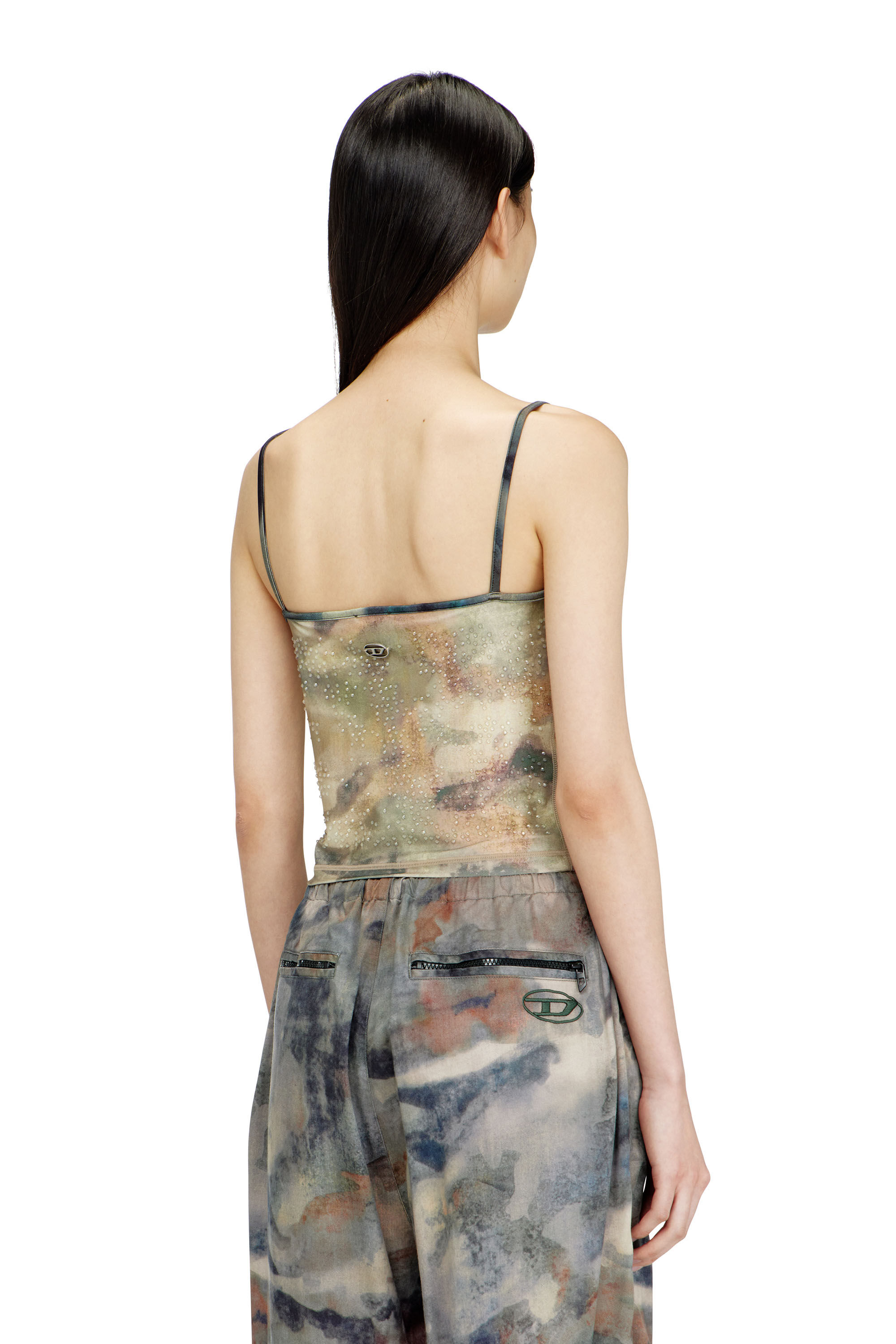 Diesel - T-IPLU, Female's Nylon skinny top with all-over camou and crystal details in Green - 4