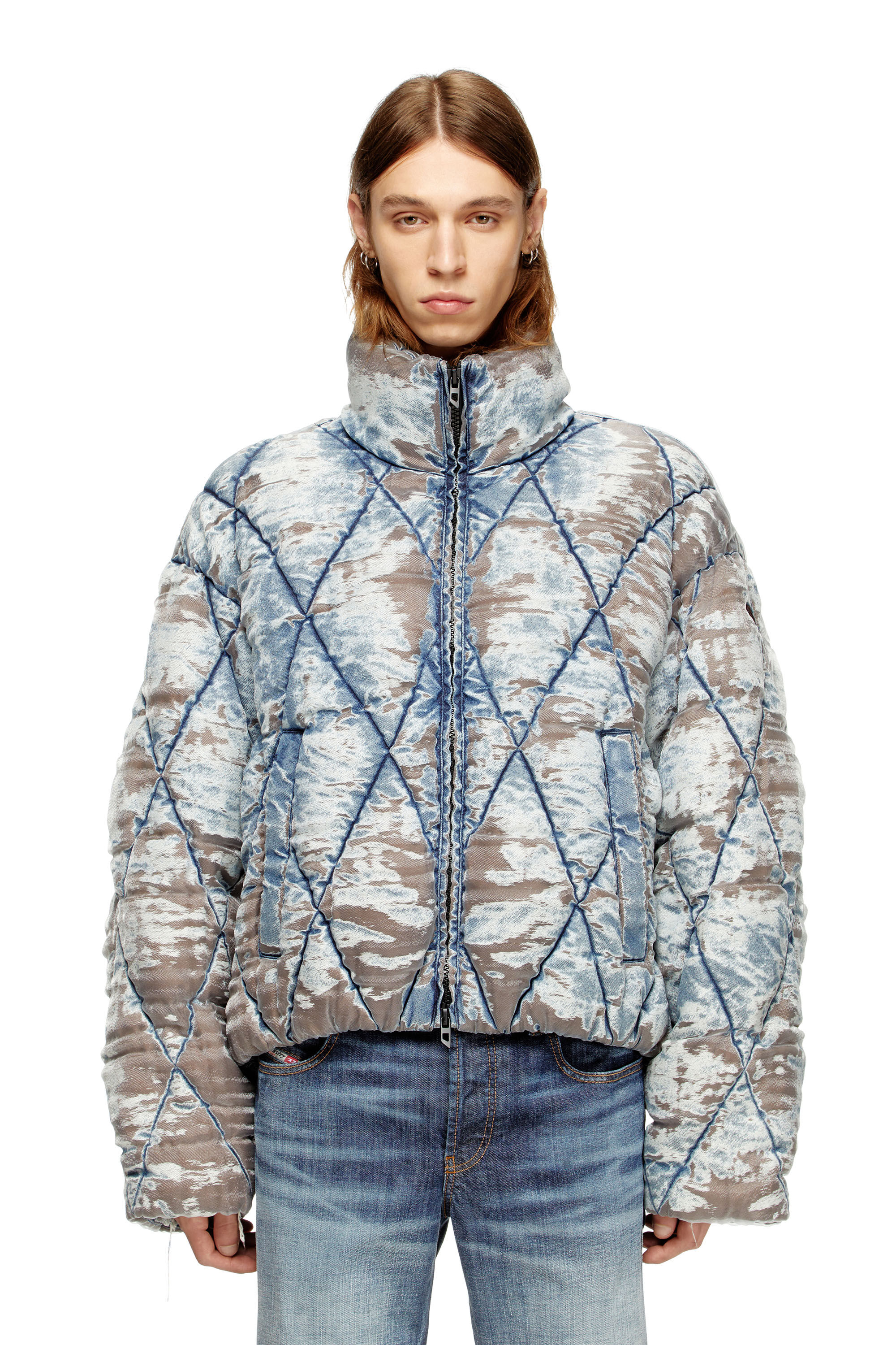 Men's Padded jacket in argyle-quilted devoré denim | Blue | Diesel