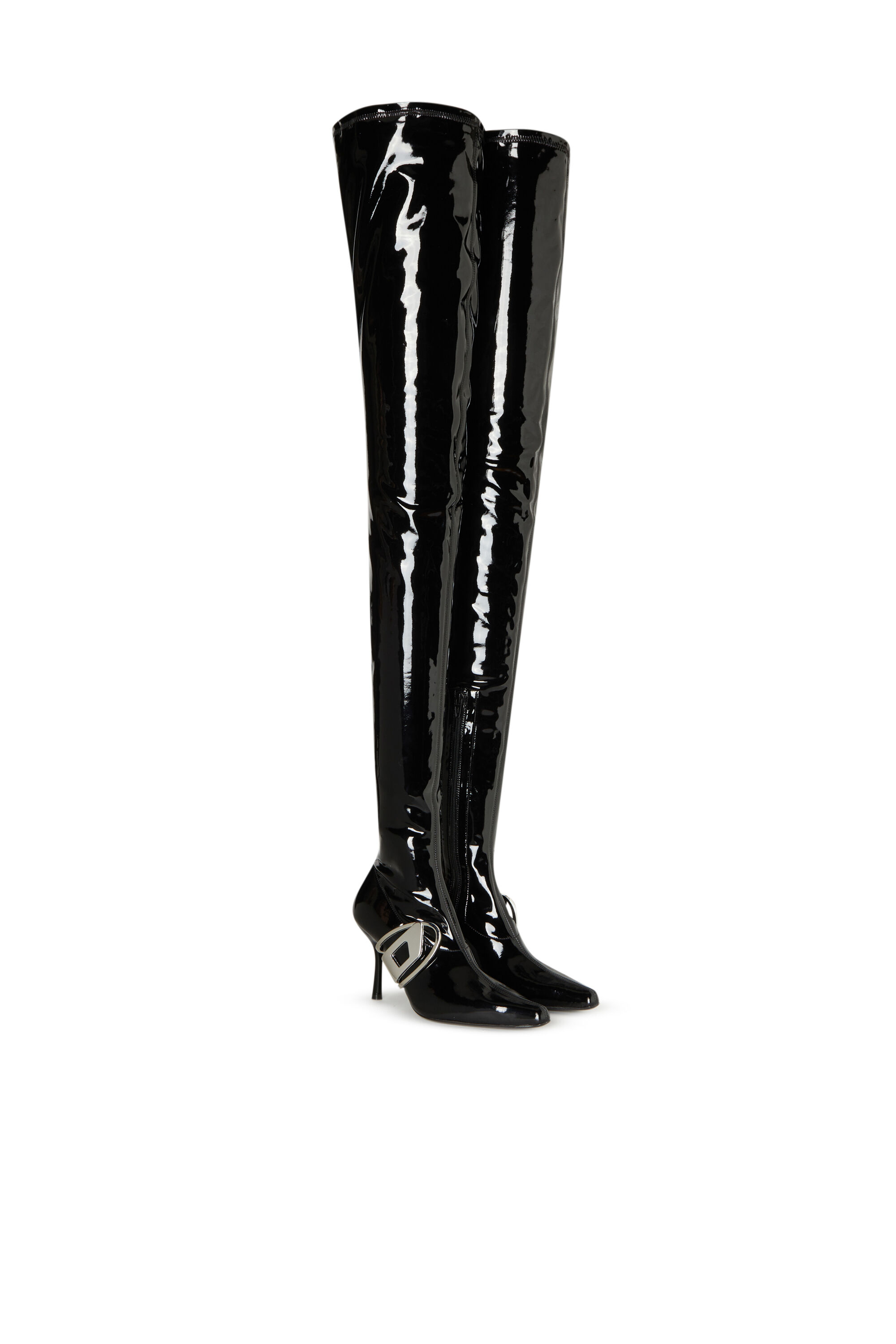 Diesel - D-ECLIPSE TBT, Female's D-Eclipse TBT - Patent thigh-high boots with oval plaque in Black - 2