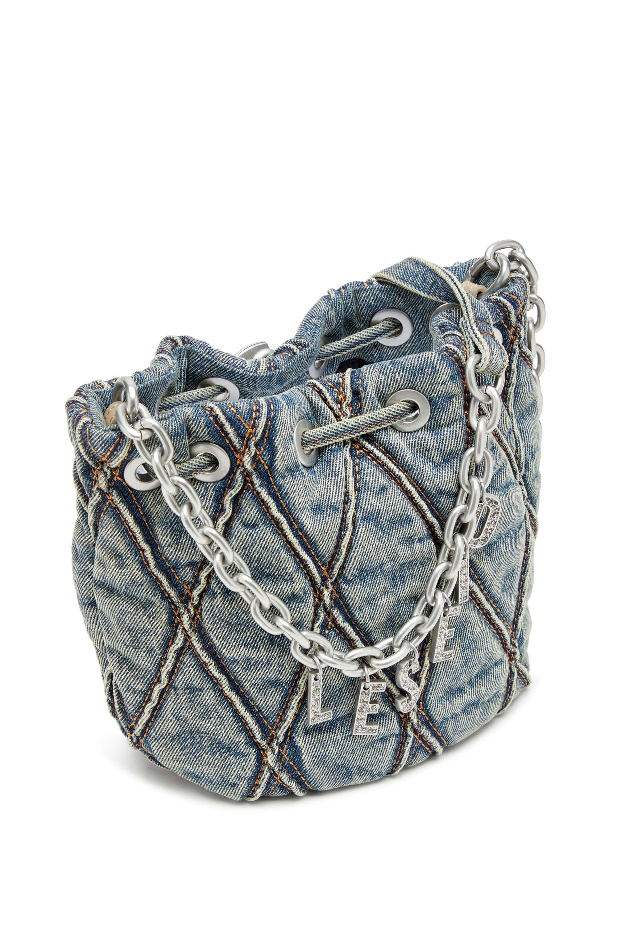 Diesel - CHARM-D BUCKET S, Female's Charm-D S-Mini bucket bag in argyle quilted denim in Blue - 5
