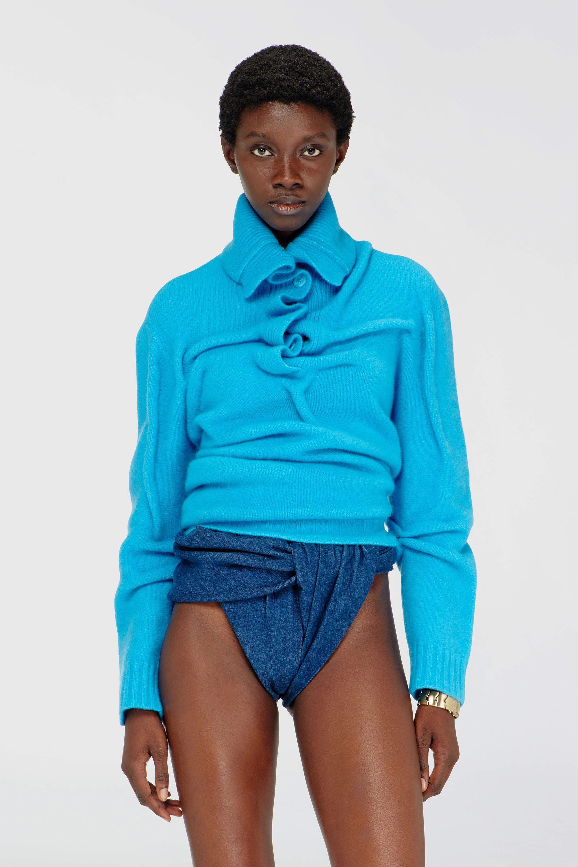 Women's Button-neck jumper in wrinkled boiled knit | Blue | Diesel