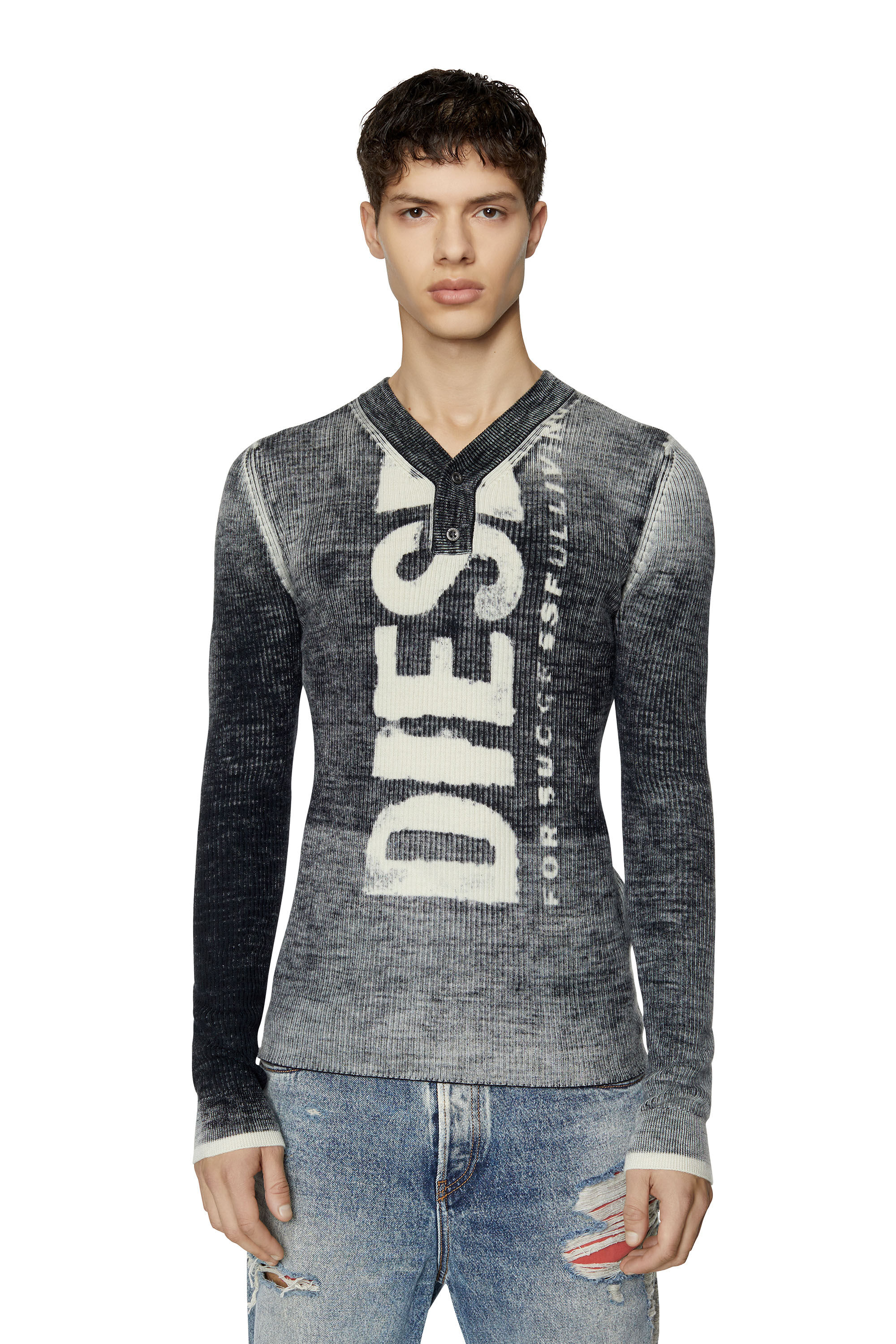 Diesel - K-ATULLUS, Male's Printed wool jumper with logo in Black - 3