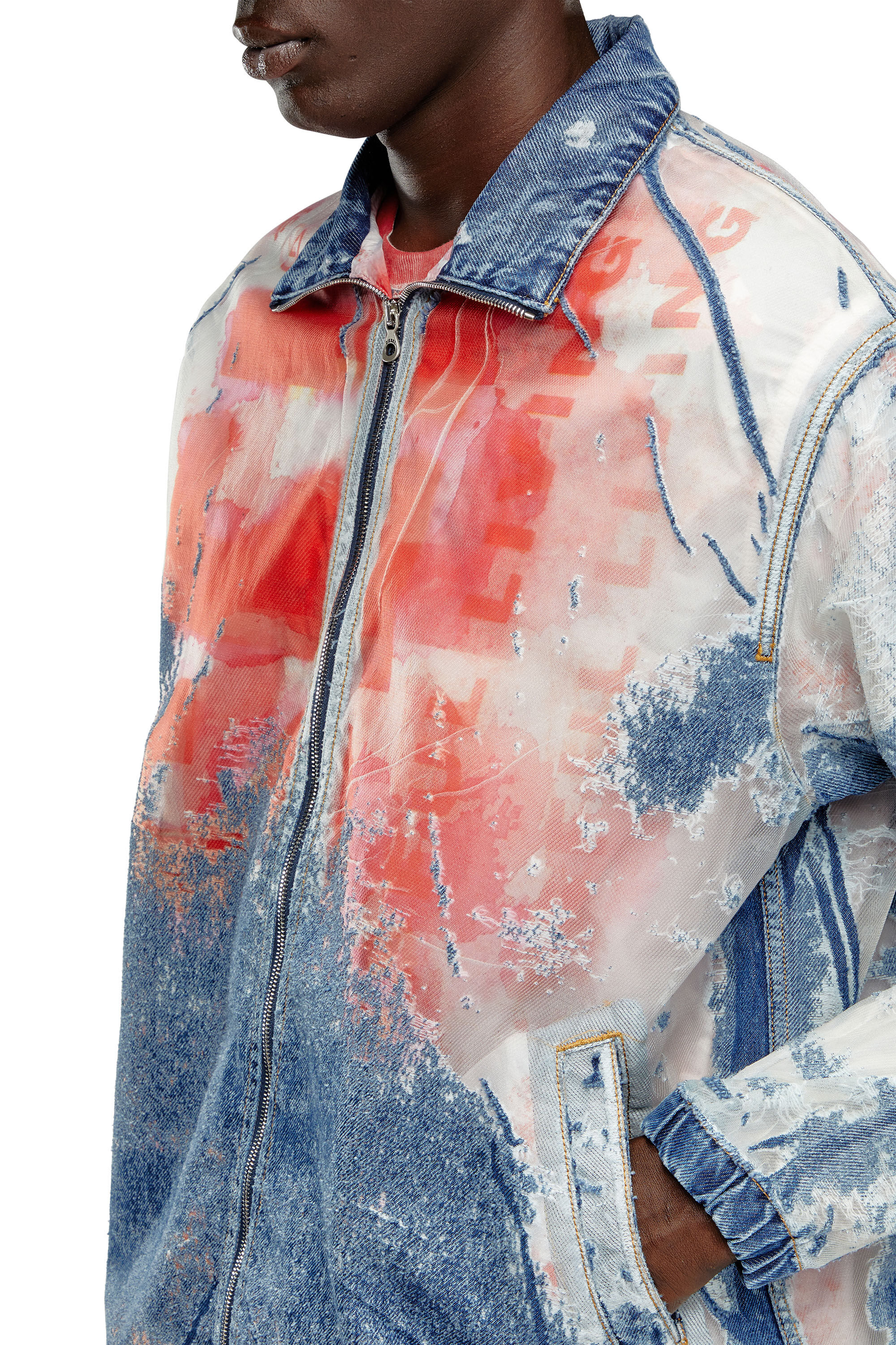 Diesel - D-KRAP-FSE, Male's Jacket in devoré denim with logo in Blue/Red - 4