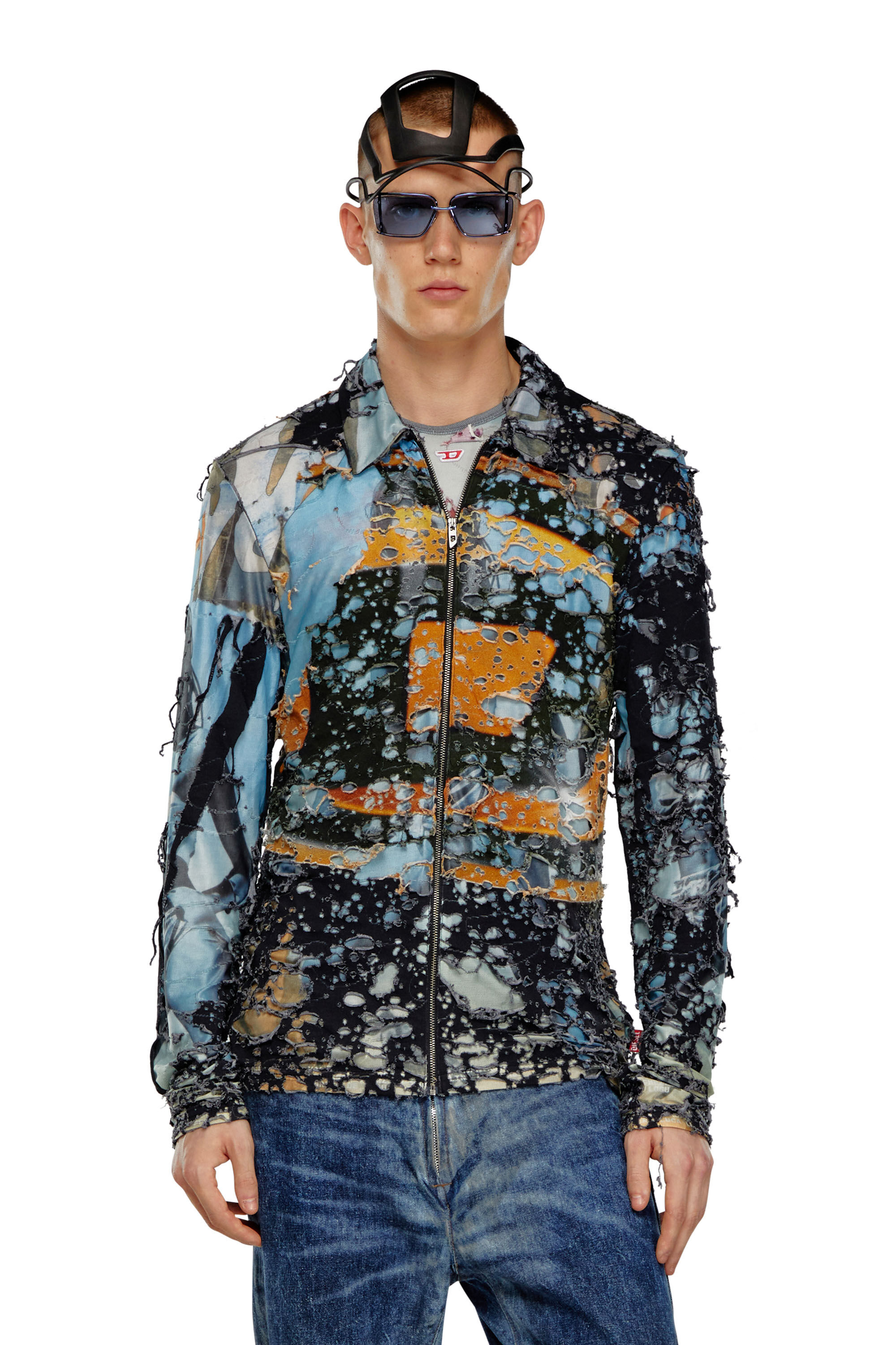 Diesel - S-CORN-PEEL, Male's Destroyed shirt with cinema prints in Orange/Black - 3