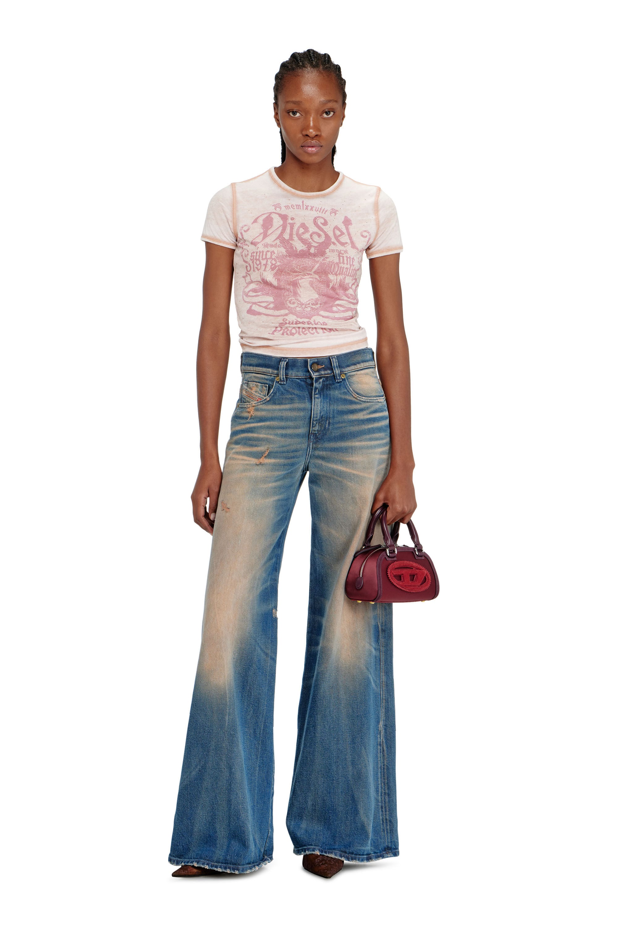 Women's Slim jersey T-shirt with print and studs | Pink | Diesel