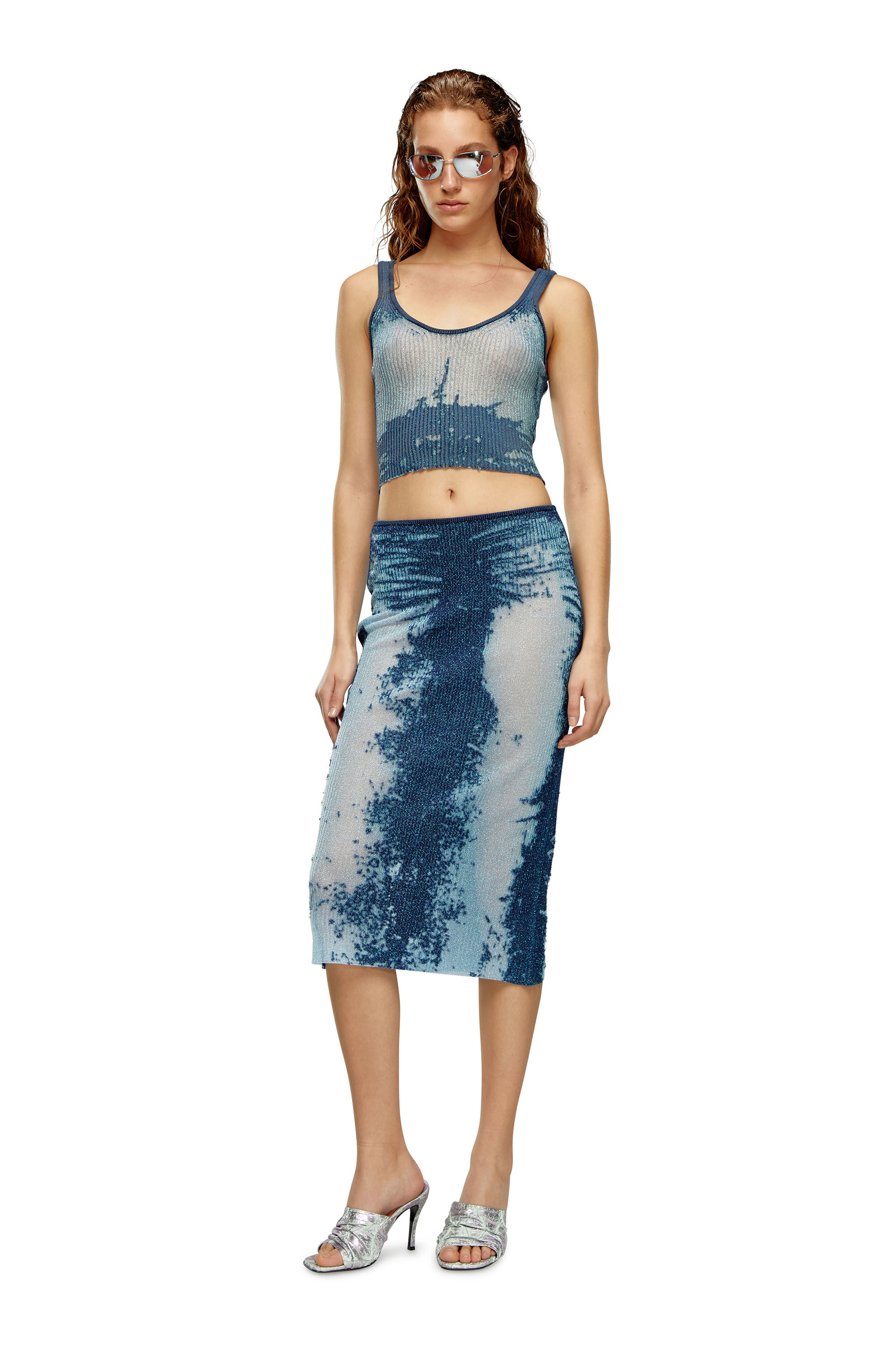 Diesel - M-BEGONIA, Jupe midi en maille métallique dévorée Femme in Bleu - 1
