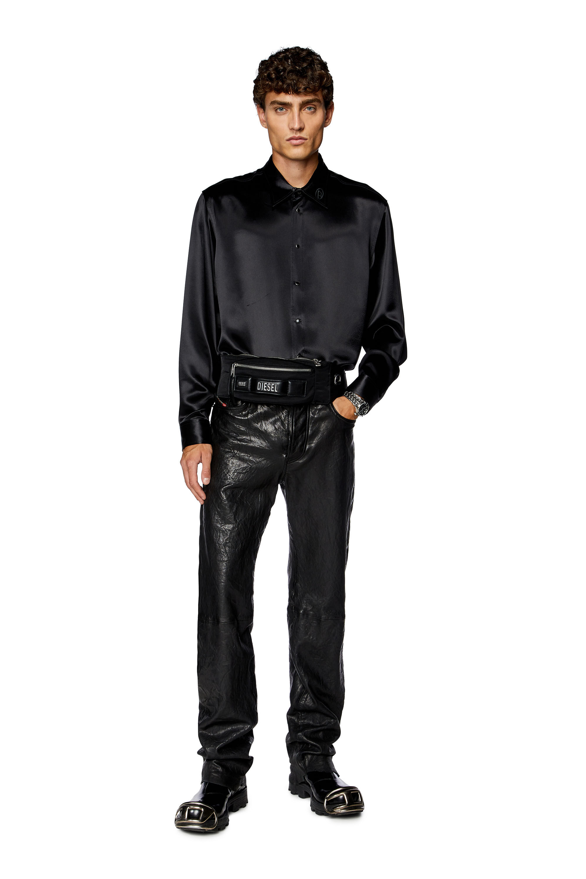 Men's Satin shirt with logo-embroidered collar | Black | Diesel