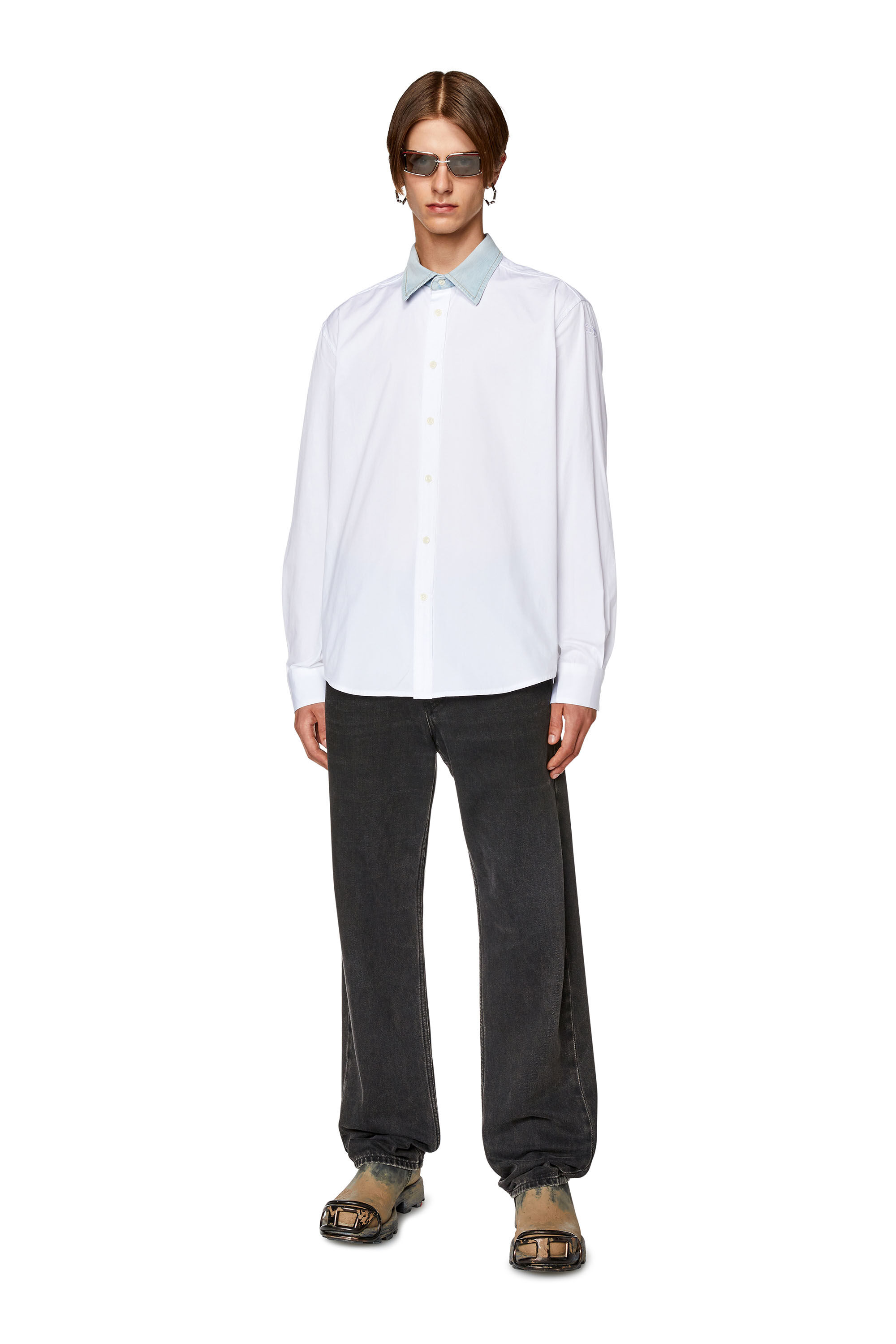 Diesel - S-HOLLS, Chemise en coton avec col en denim Homme in Blanc - 1