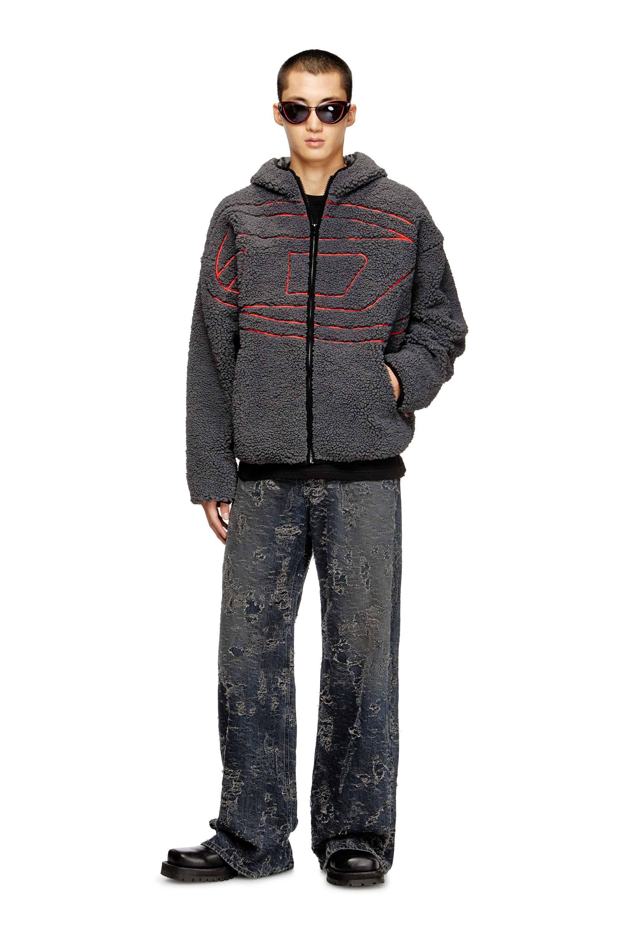 Diesel - S-ZAT, Male's Teddy hoodie sweatshirt in Dark Grey - 1