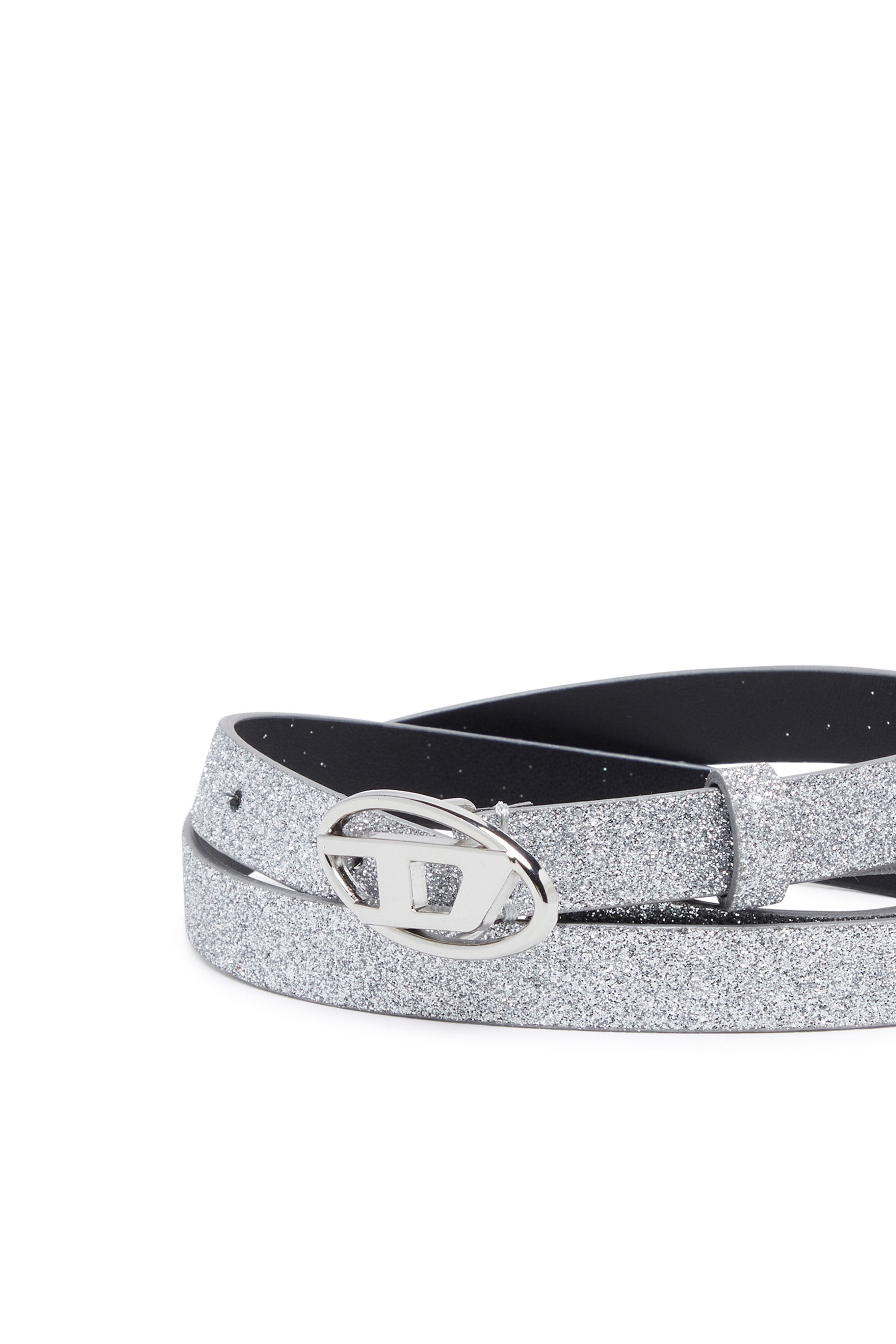 Diesel - B-1DR 15, Female's Slim glittery belt with Oval D buckle in Silver - 3