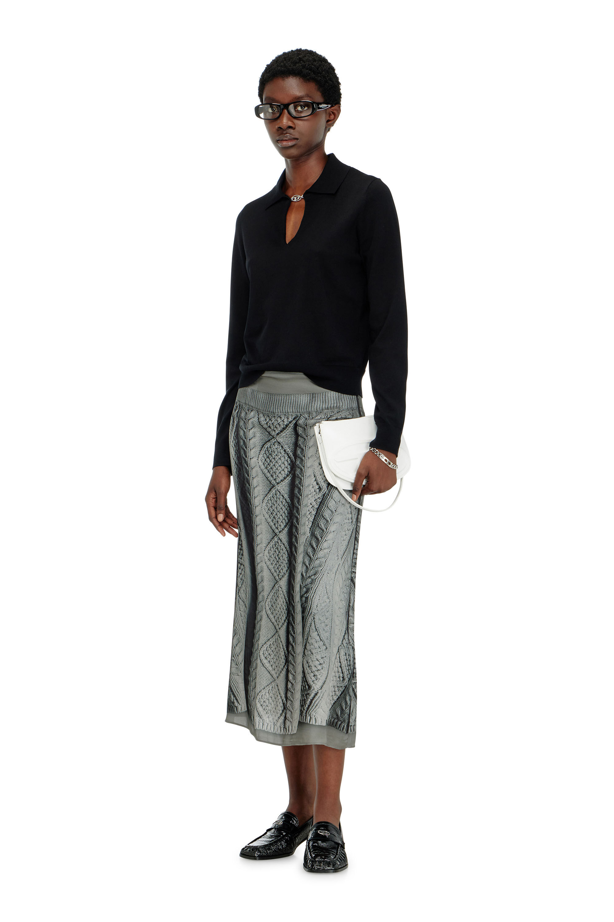 Women's Silk-blend polo jumper with Oval D plaque | Black | Diesel