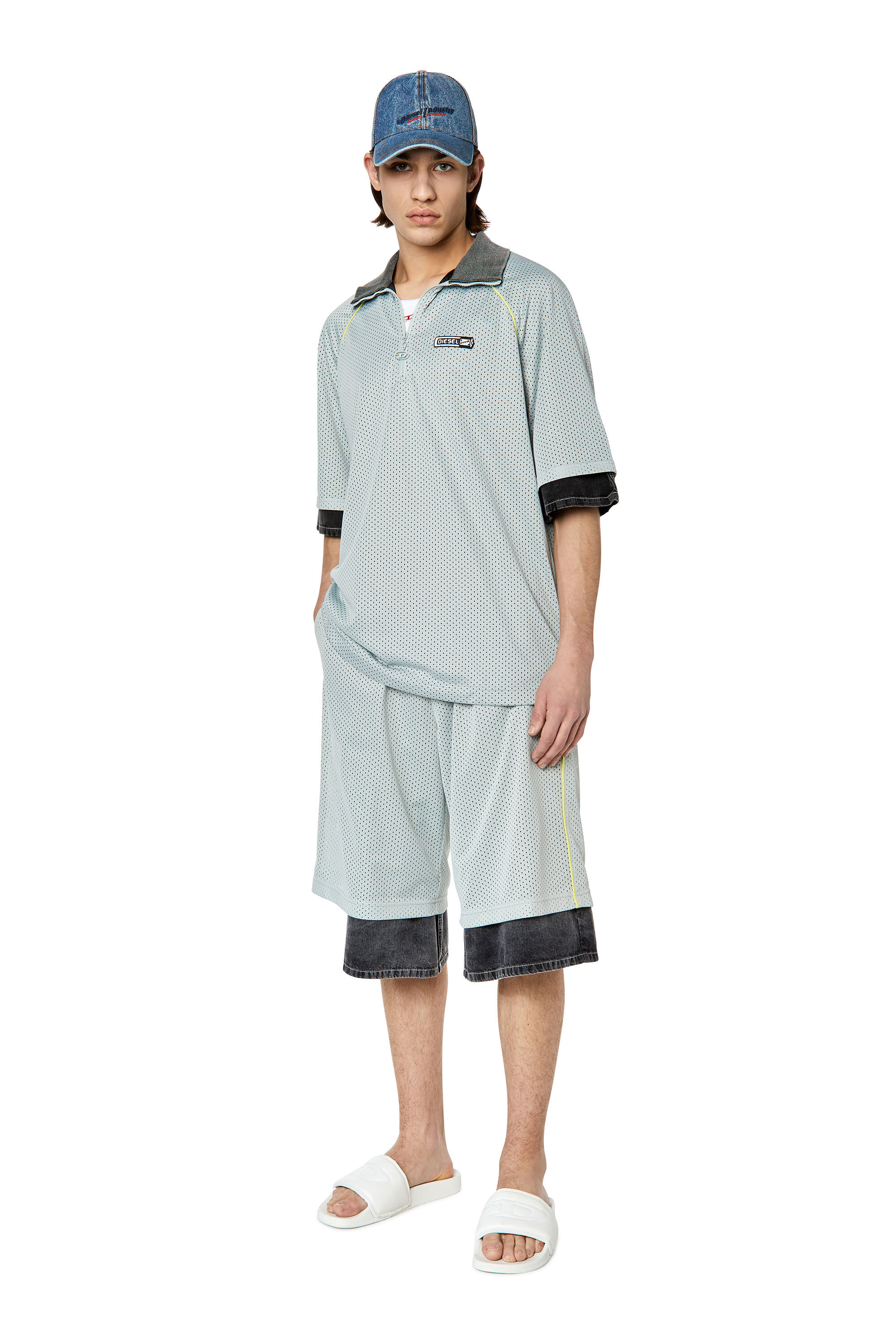 Diesel - T-MEC, Polo de malla con adornos en denim Hombre in Gris - 1