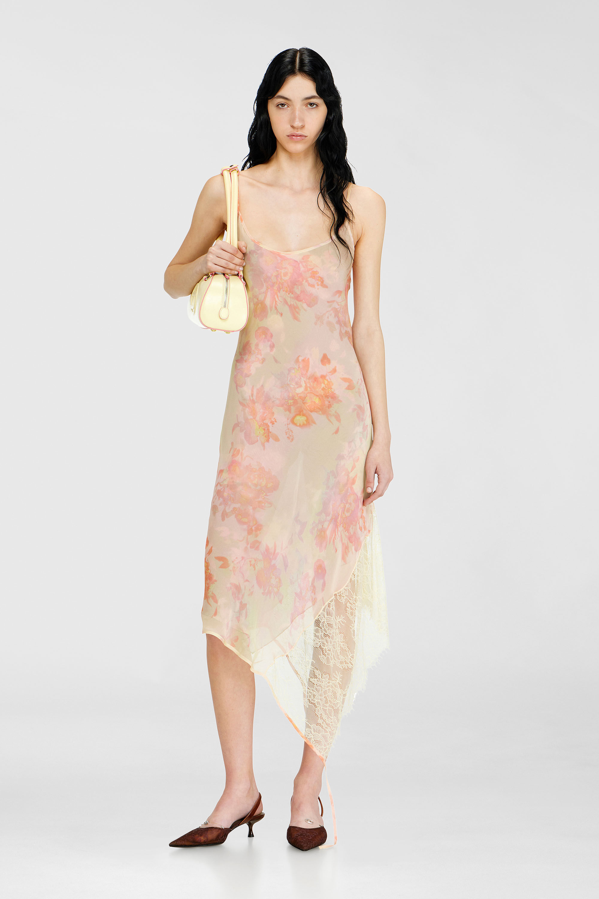 Women's Midi slip dress with floral print and lace trim