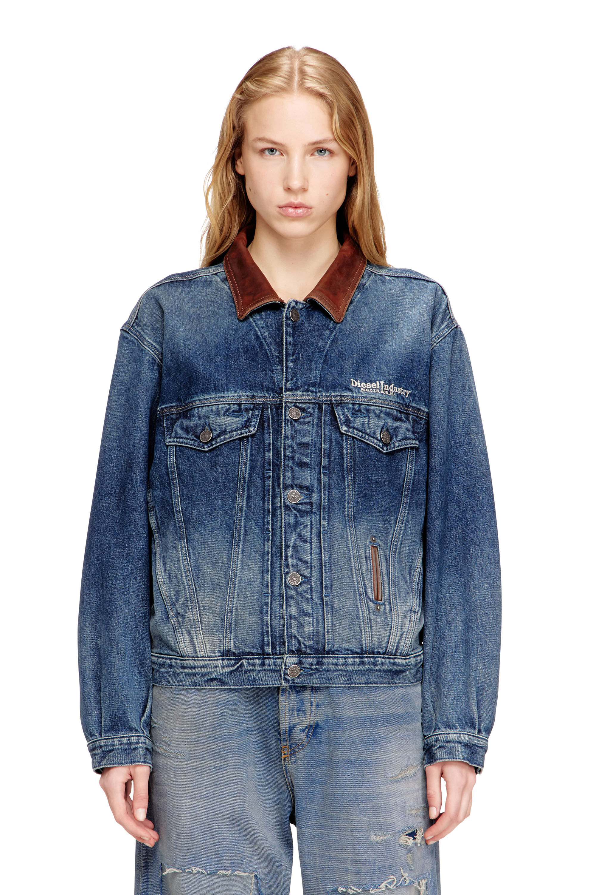 Women's Denim trucker jacket with contrast leather trims | Blue