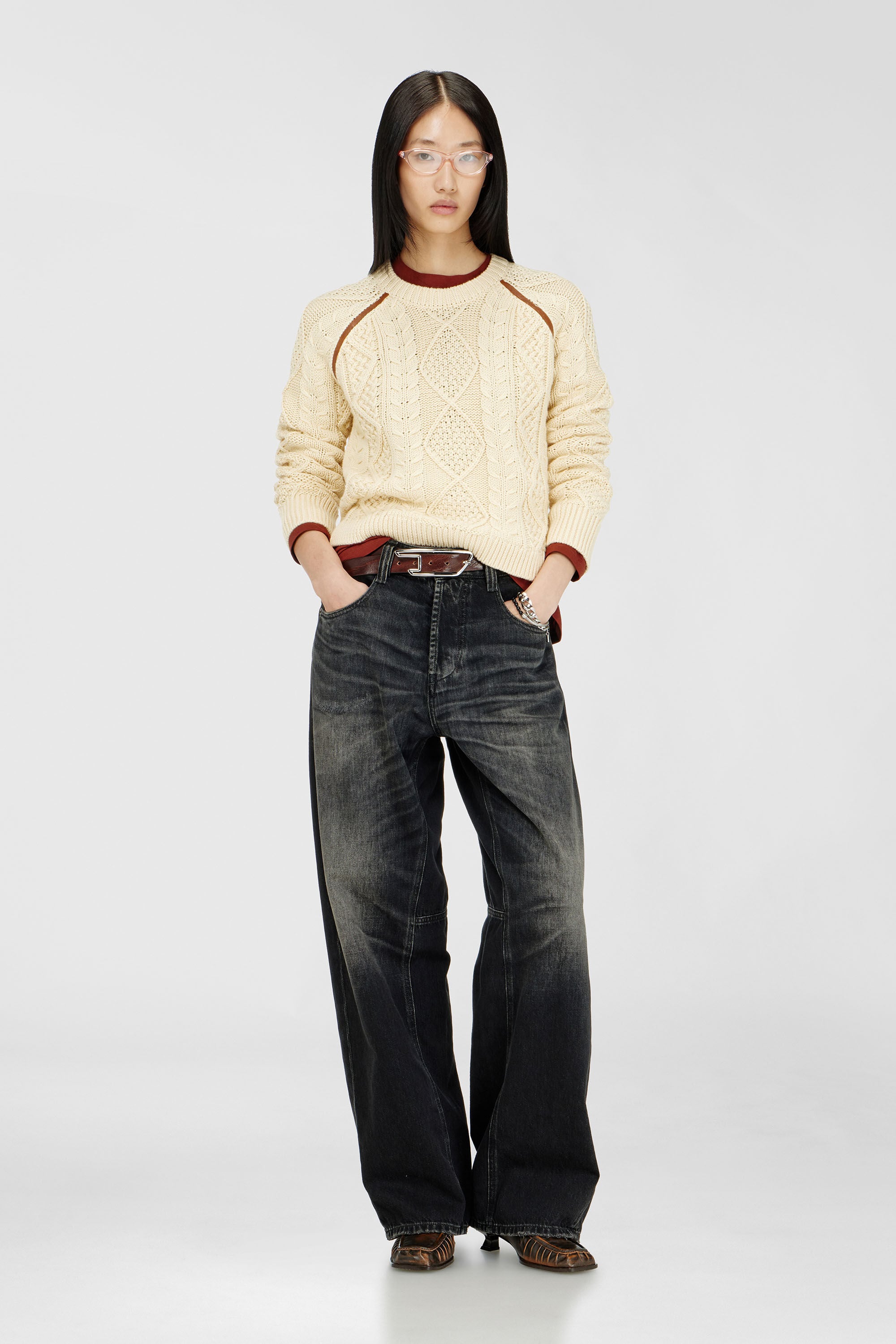 Diesel - M-INTANA, Female's Cable-knit jumper with contrast bands in Beige - 1