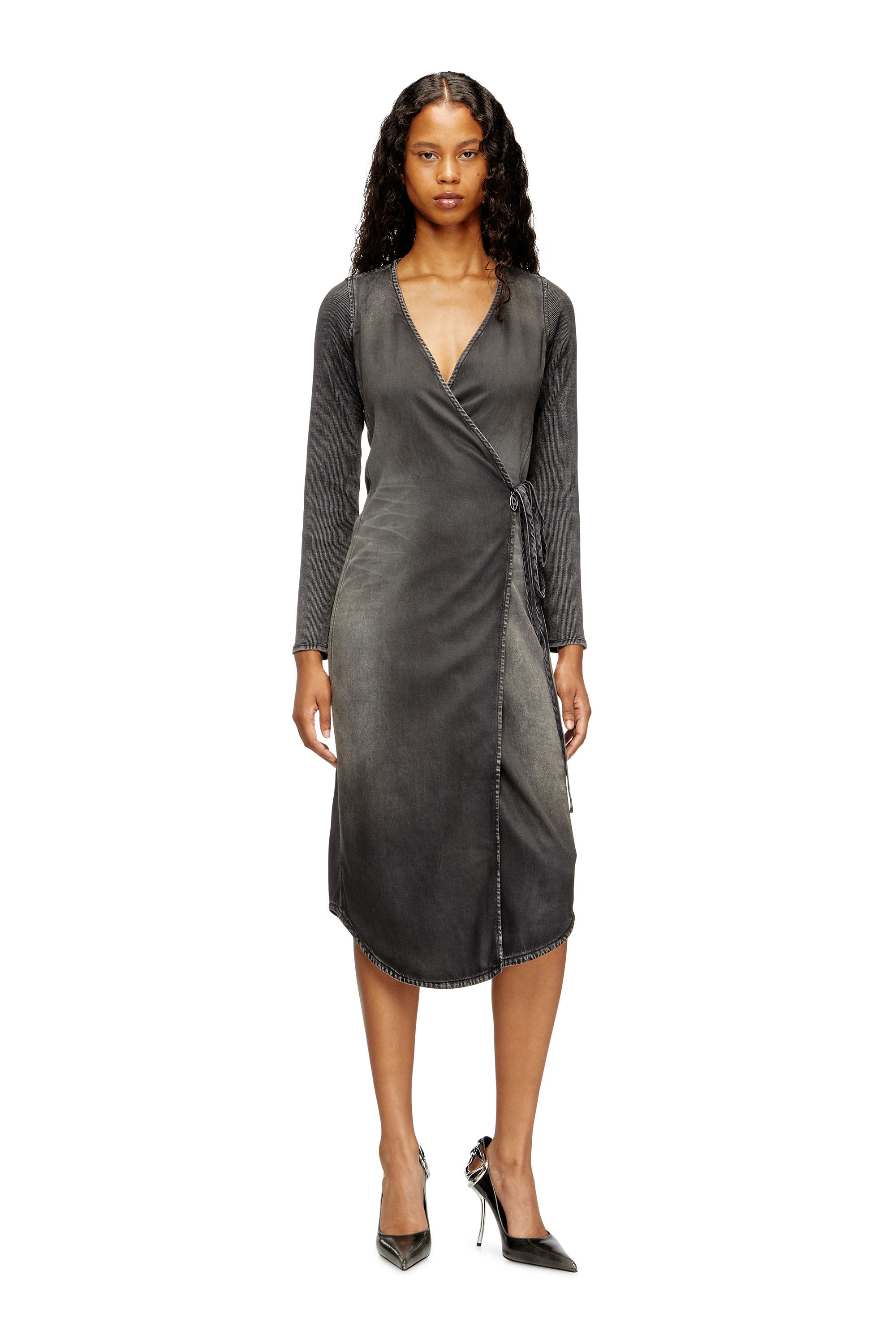 Diesel - DE-OLA-S, Woman's Mid-length denim dress with a V-neck in Black/Dark grey - 2