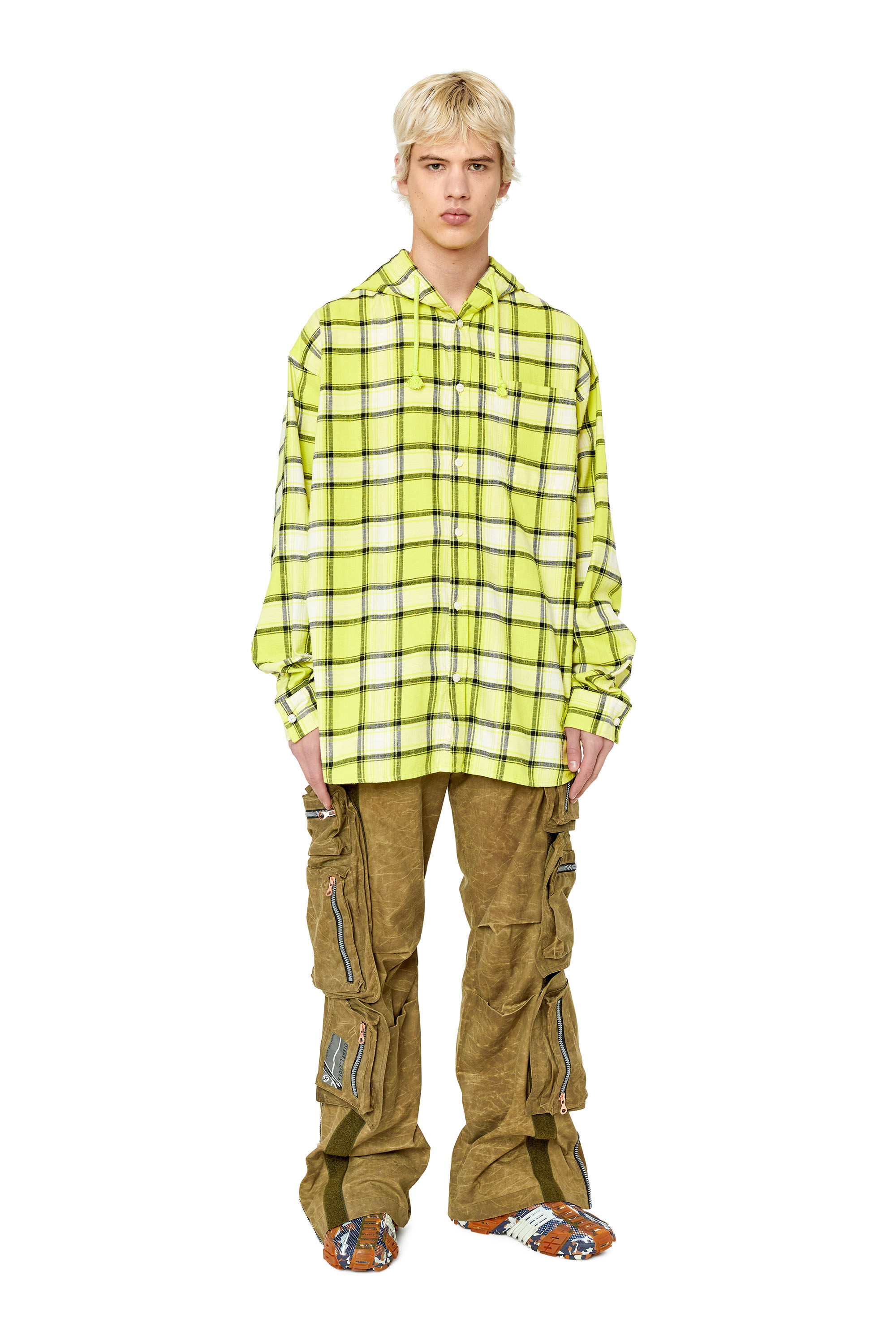 Diesel - S-DEWNY-HOOD, Male's Oversized hooded shirt in check flannel in White/Green - 1