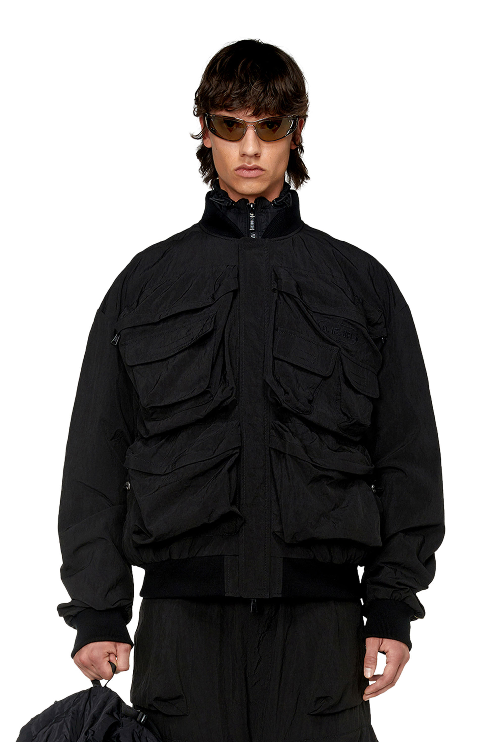 Diesel - J-STAIN-SHORT, Male's Nylon bomber with maxi pockets in Black - 3