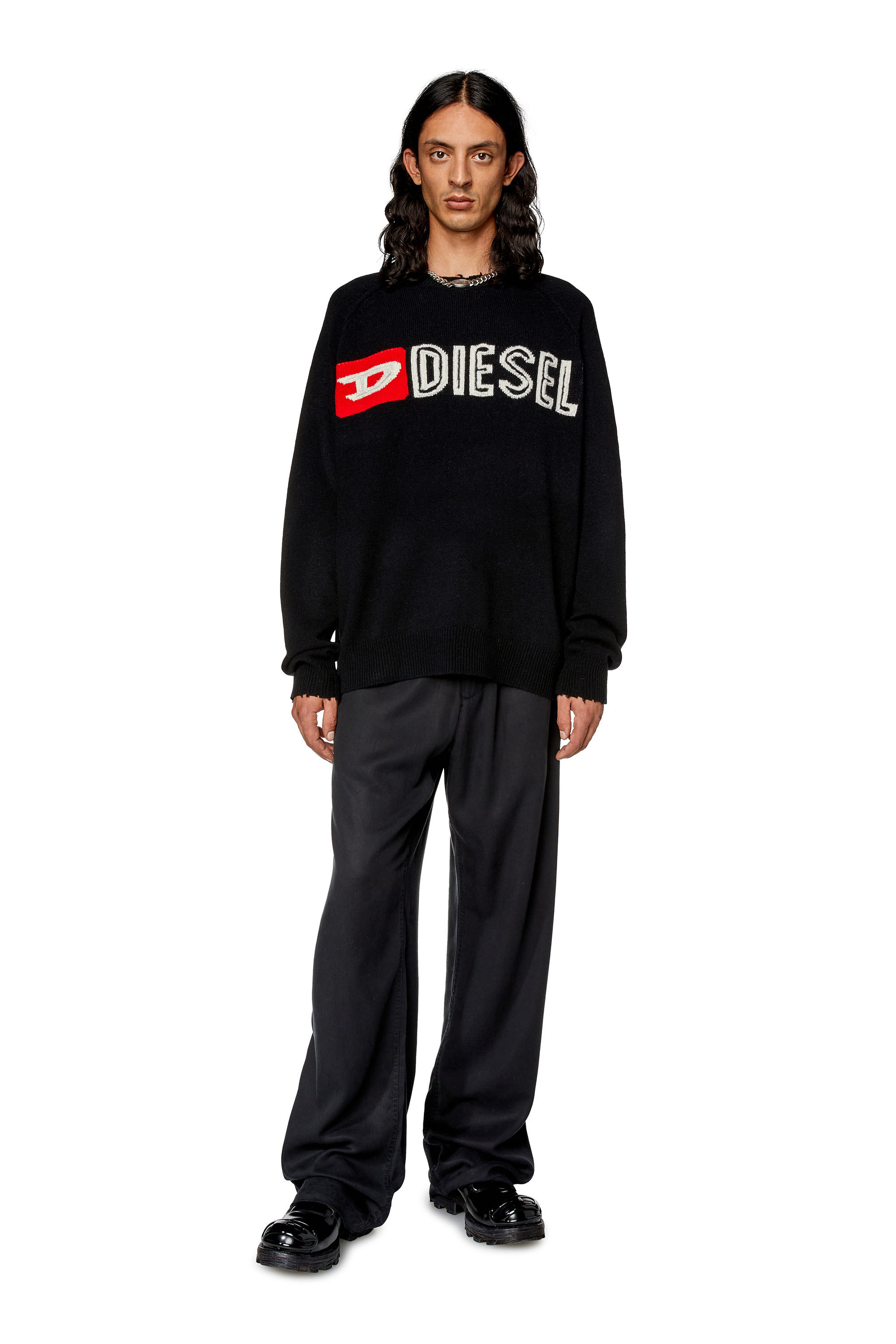 Diesel - K-SARIA-B, Pull à col rond en laine avec logo découpé Homme in Noir - 1