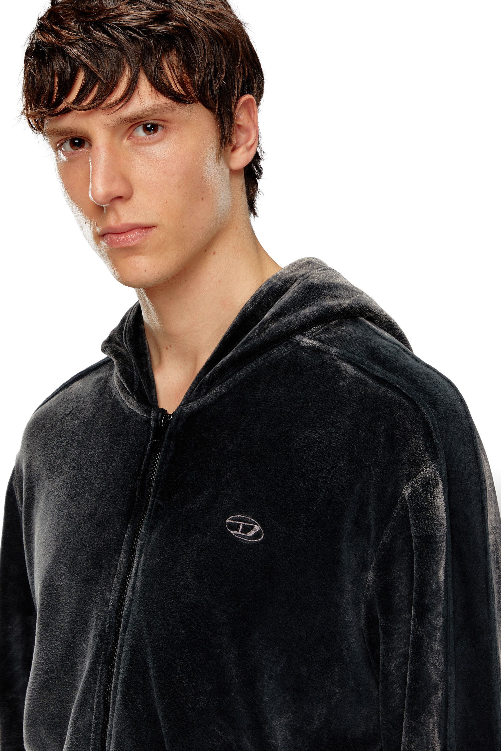 Diesel - S-OCLOCK, Male's Acid-wash chenille zip-up hoodie in Black - 5