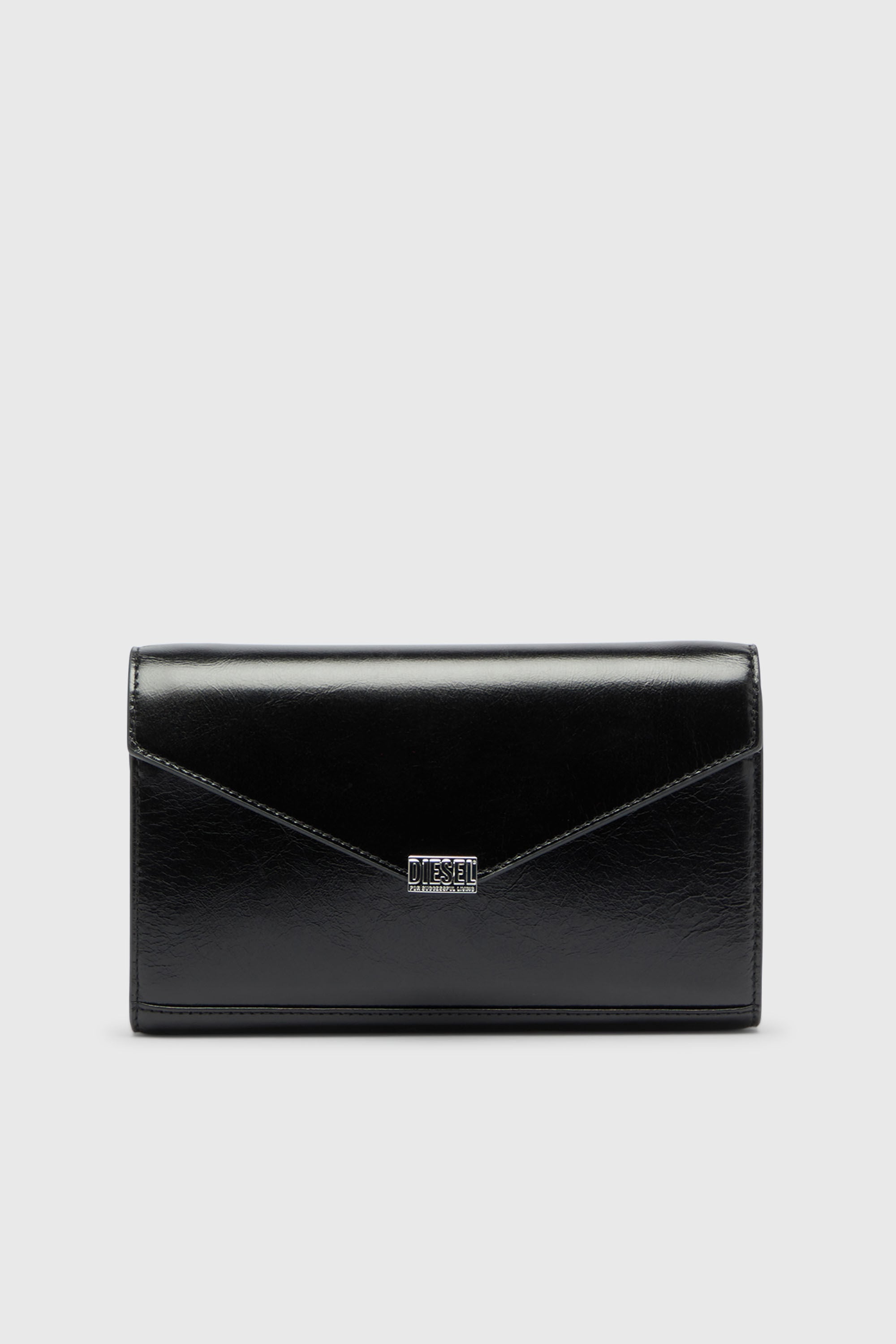 Diesel - D-ENVELOP WALLET ON CHAIN, Woman's Wallet purse in shiny wrinkled leather in Black - 1