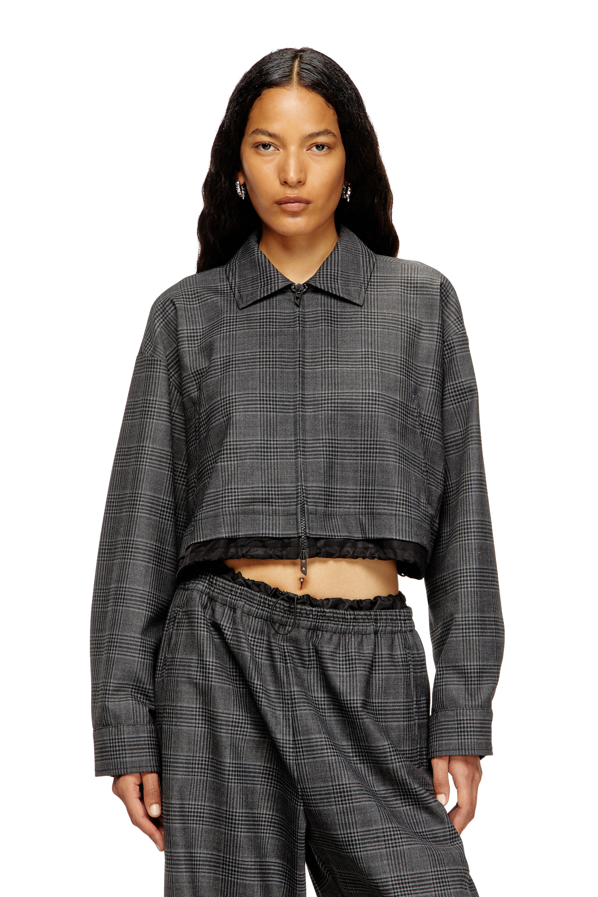 Diesel - J-TING-FEM, Female's Cropped Prince of Wales wool-blend coach jacket in Black - 3