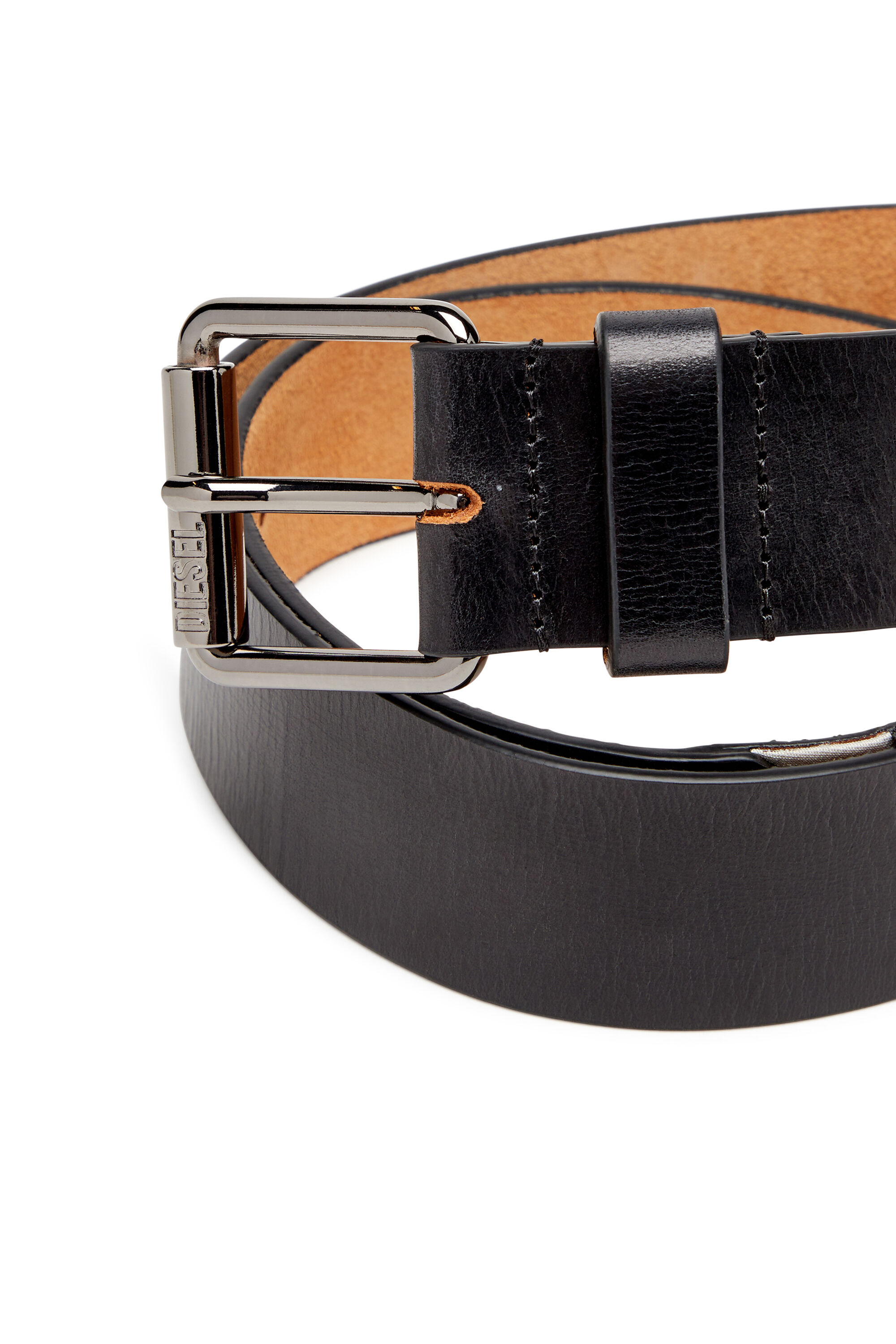 Men's 4cm Leather belt with fifth pocket logo flag | Black | Diesel