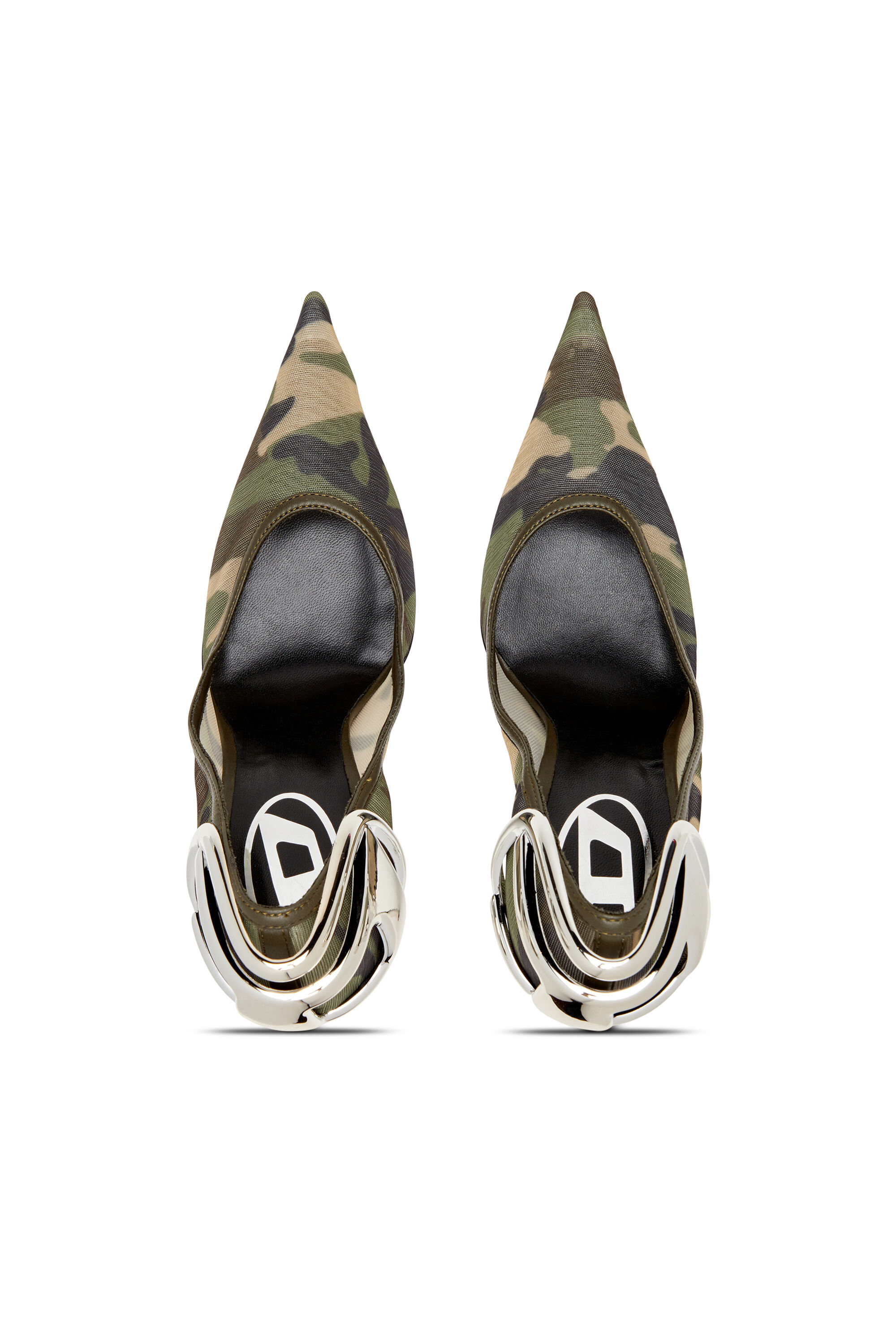 DIESEL カモメッシュハンフス DTENHALFY03426P3168 HA617 Women's D-Ten&Half-Camo-mesh pumps with curved heel | Green