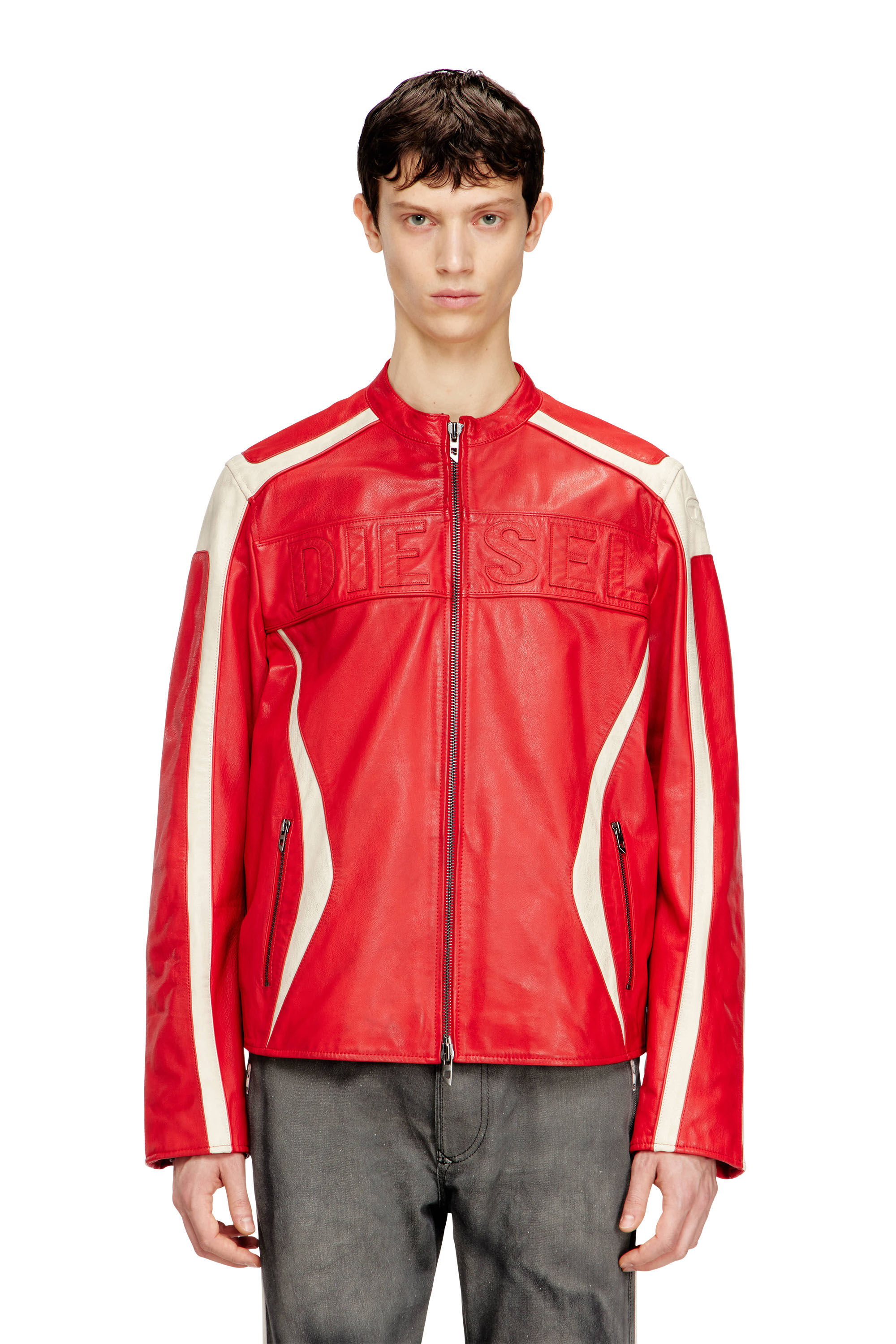 Diesel - L-ADAM, Male's Colour-block leather biker jacket in Red/White - 3