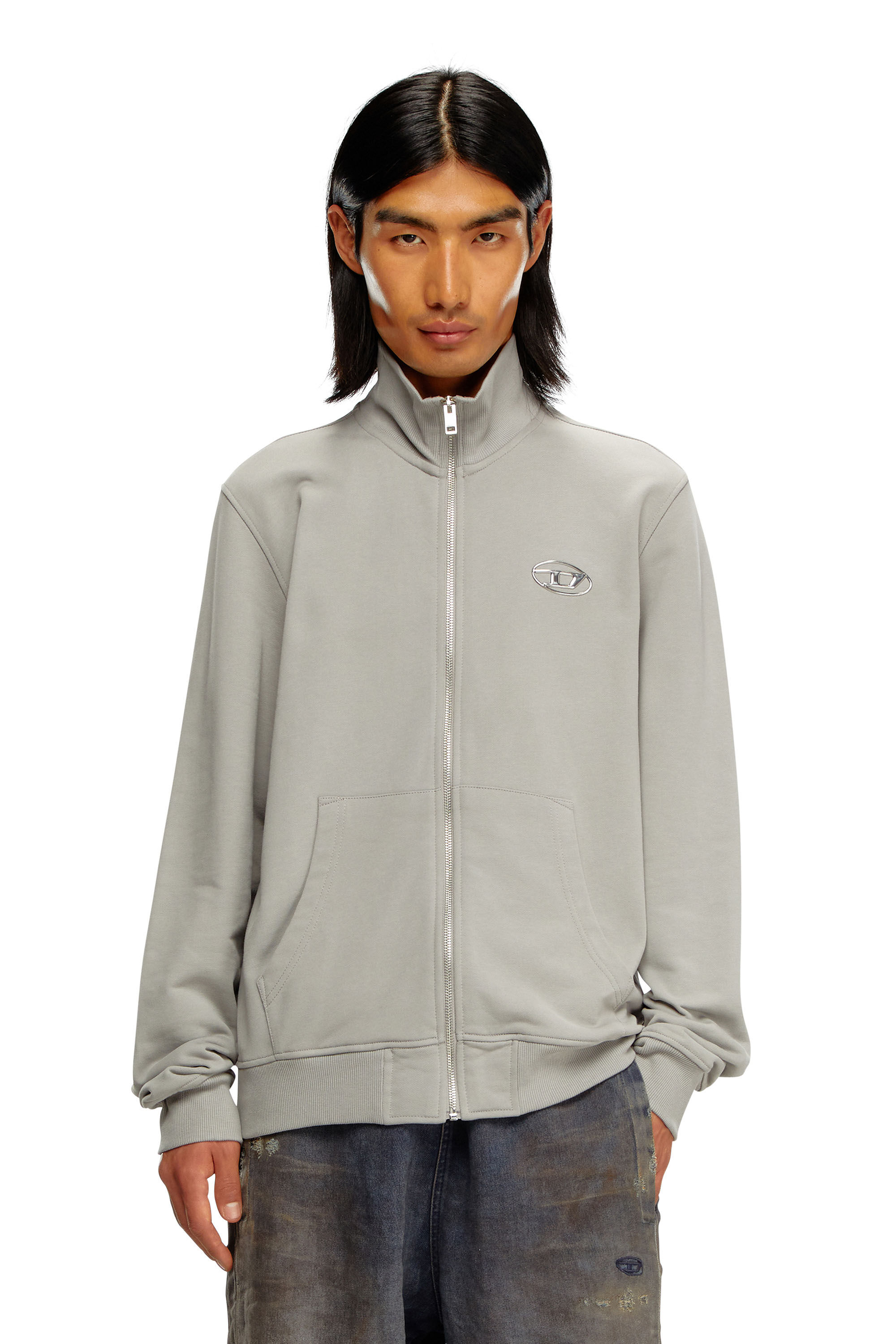 Diesel - S-GINNI-ZIP-OD, Male's Zip-up sweatshirt with metallic logo in Light Grey - 3