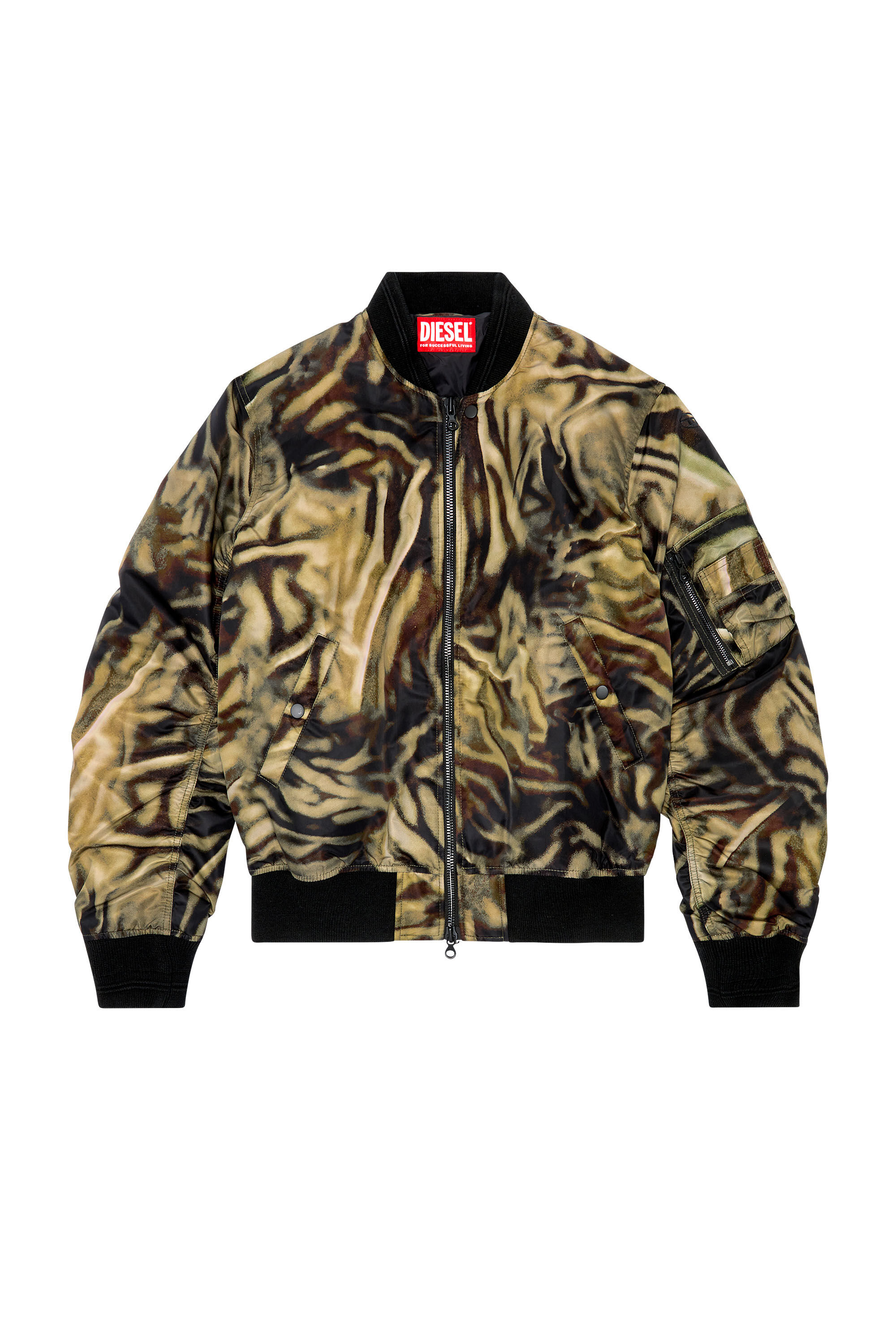 Diesel - J-DUBLEE, Man's Padded bomber jacket with zebra-camo print in Black/Brown - 2