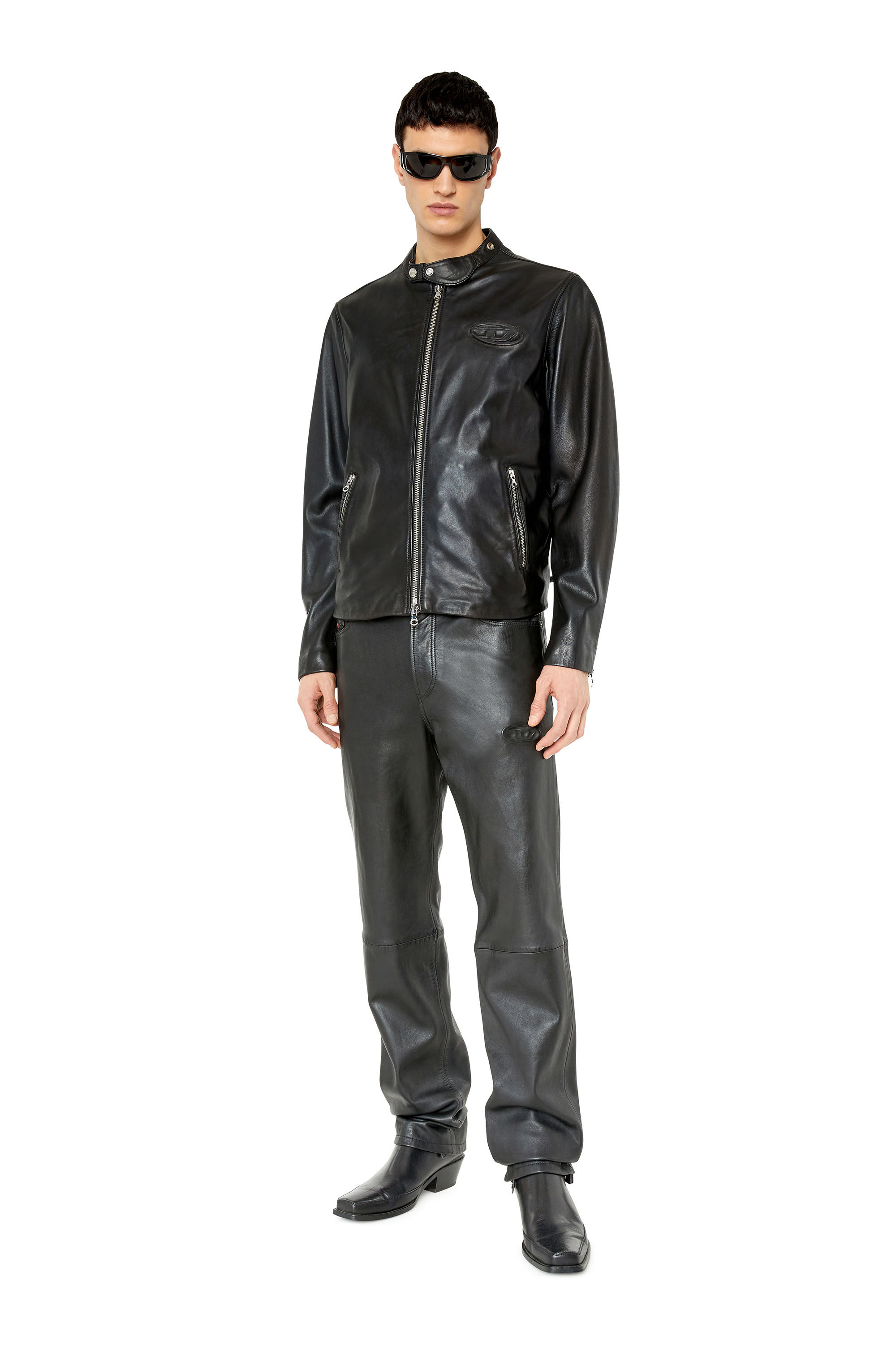 Diesel - L-METAL, Male's Leather biker jacket with logo plaque in Black - 1