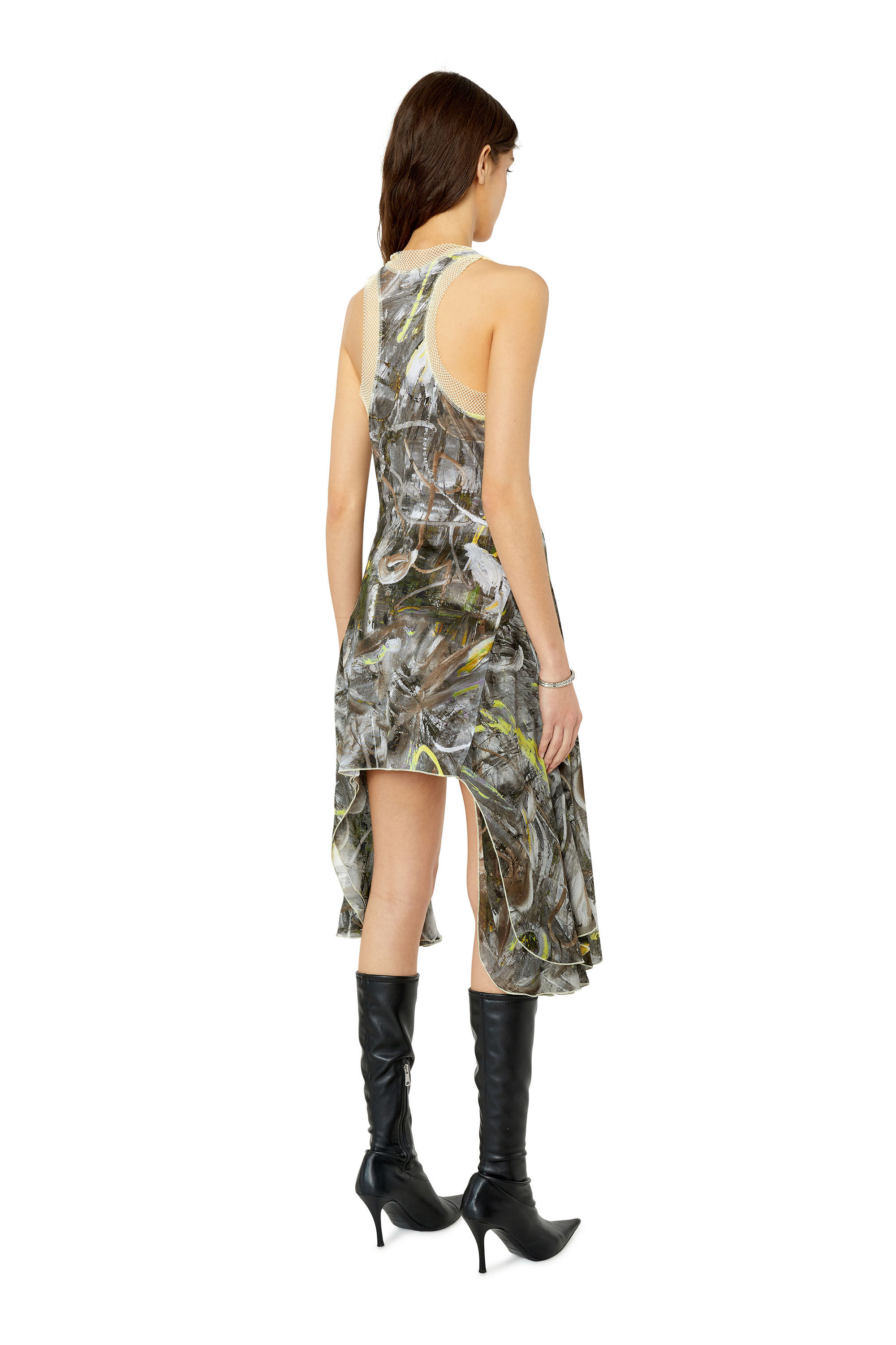 Diesel - D-NOXER, Woman's Printed jersey dress with mesh trims in Black/White - 3